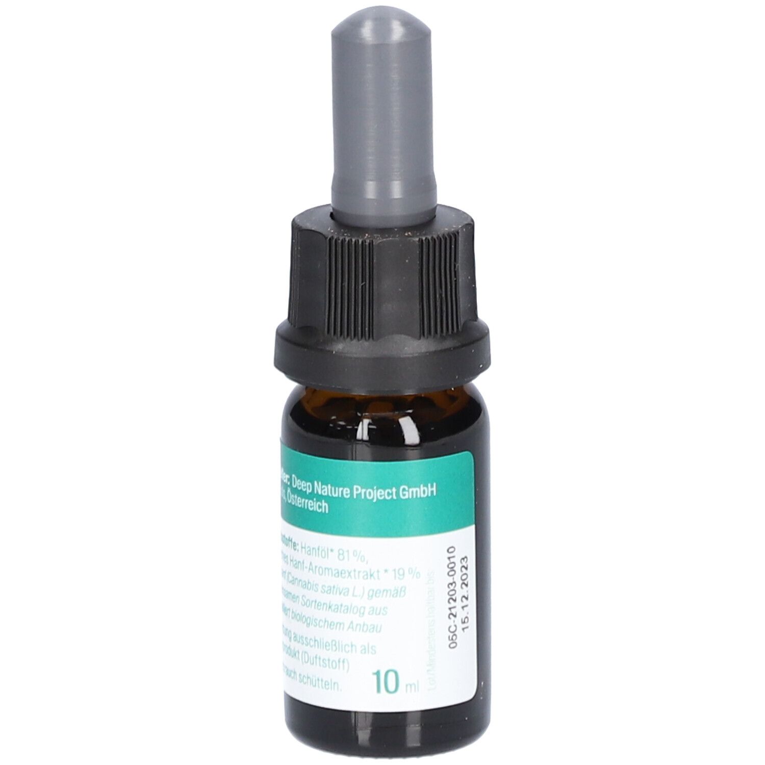 Braune Glasflasche mit schwarzem Verschluss und Pipette. Aufkleber mit Text: MEDIHEMP, Hanf Natural Aromaöl, 10 ml.