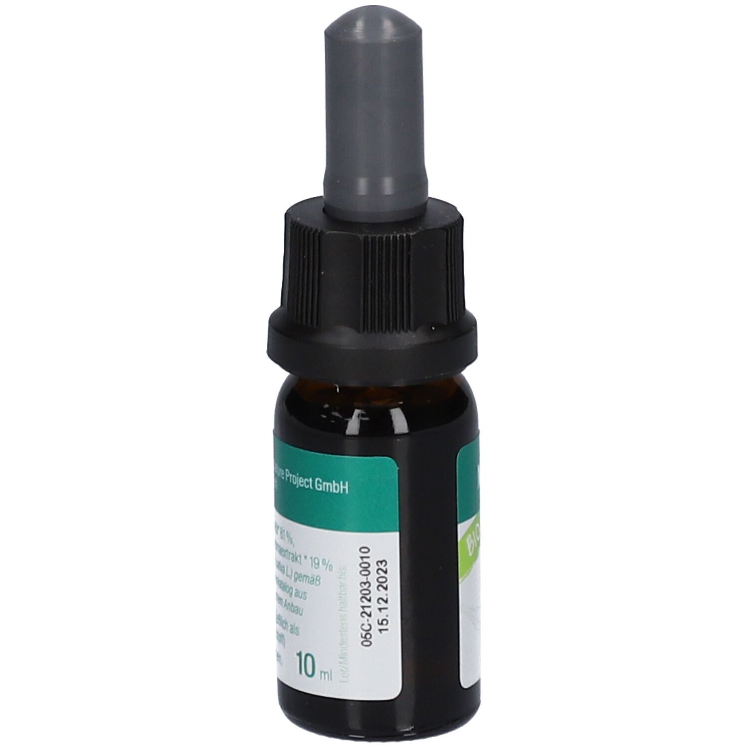 Braune Glasflasche mit schwarzem Verschluss und Pipette. Aufkleber mit Text: MEDIHEMP, Hanf Natural Aromaöl, 5 % CBD/CBDa.