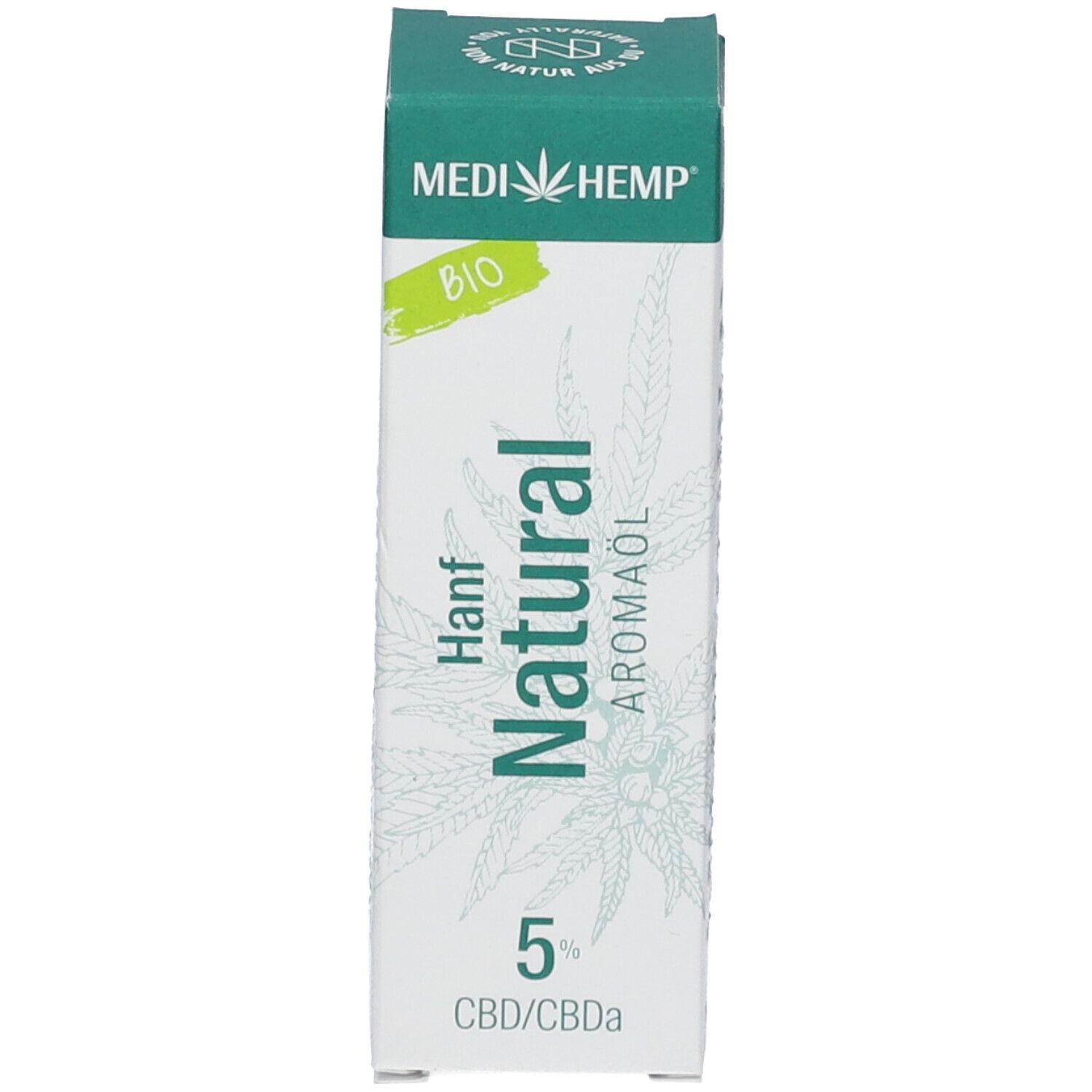 Braune Glasflasche mit schwarzem Verschluss und Pipette, neben einer weißen Schachtel. Aufschrift: MEDIHEMP, Hanf Natural Aromaöl, 5 %.