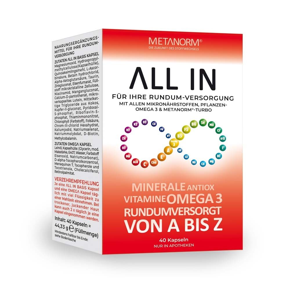 METANORM ALL IN-Verpackung. Enthält 40 Kapseln. Aufschrift: Mineralstoffe, Vitamine, Omega 3. Von A bis Z rundum versorgt.