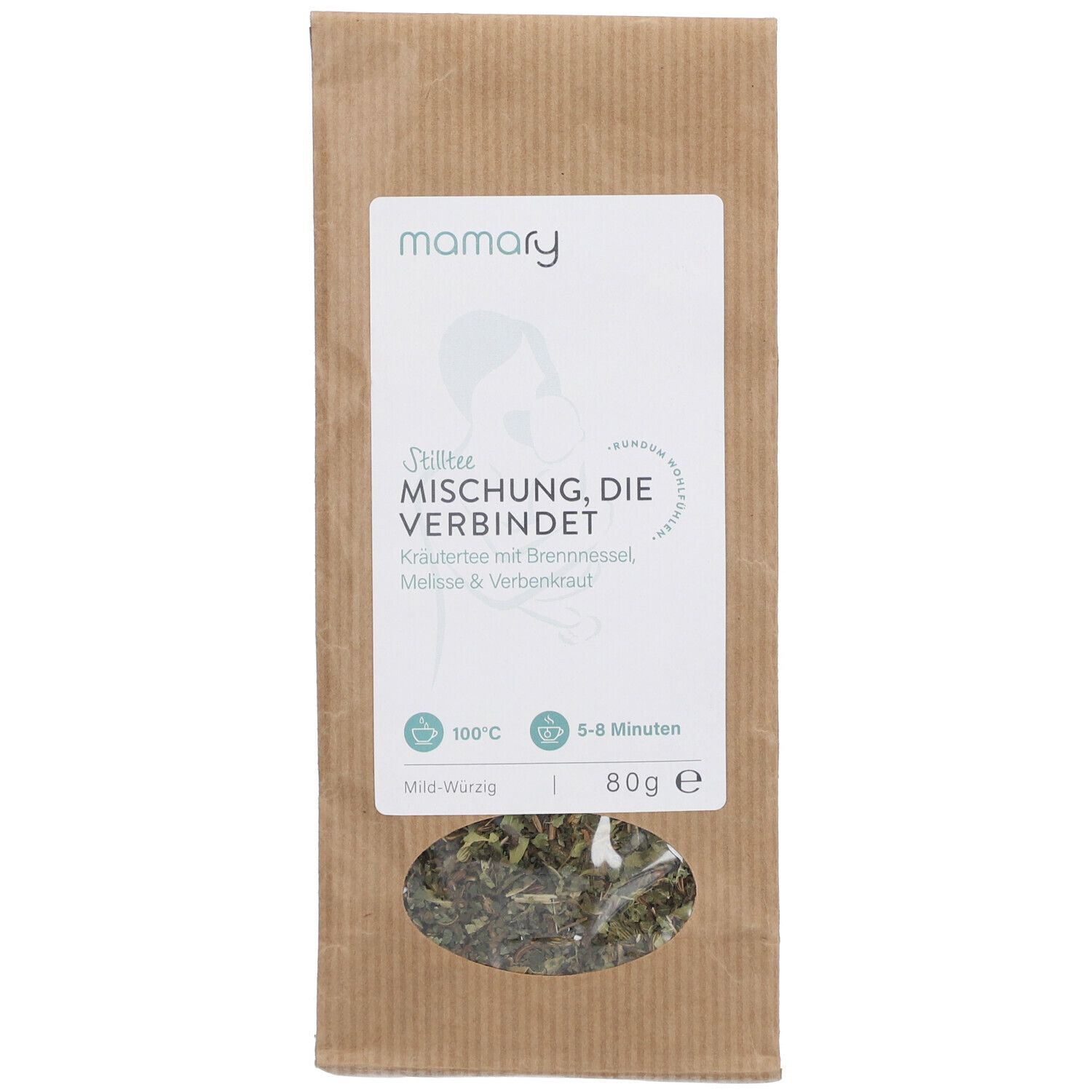 Braune Papiertüte mit Sichtfenster. Weißes Etikett mit Logo und Text: Stilltee Mischung, die Verbindet. 80g.