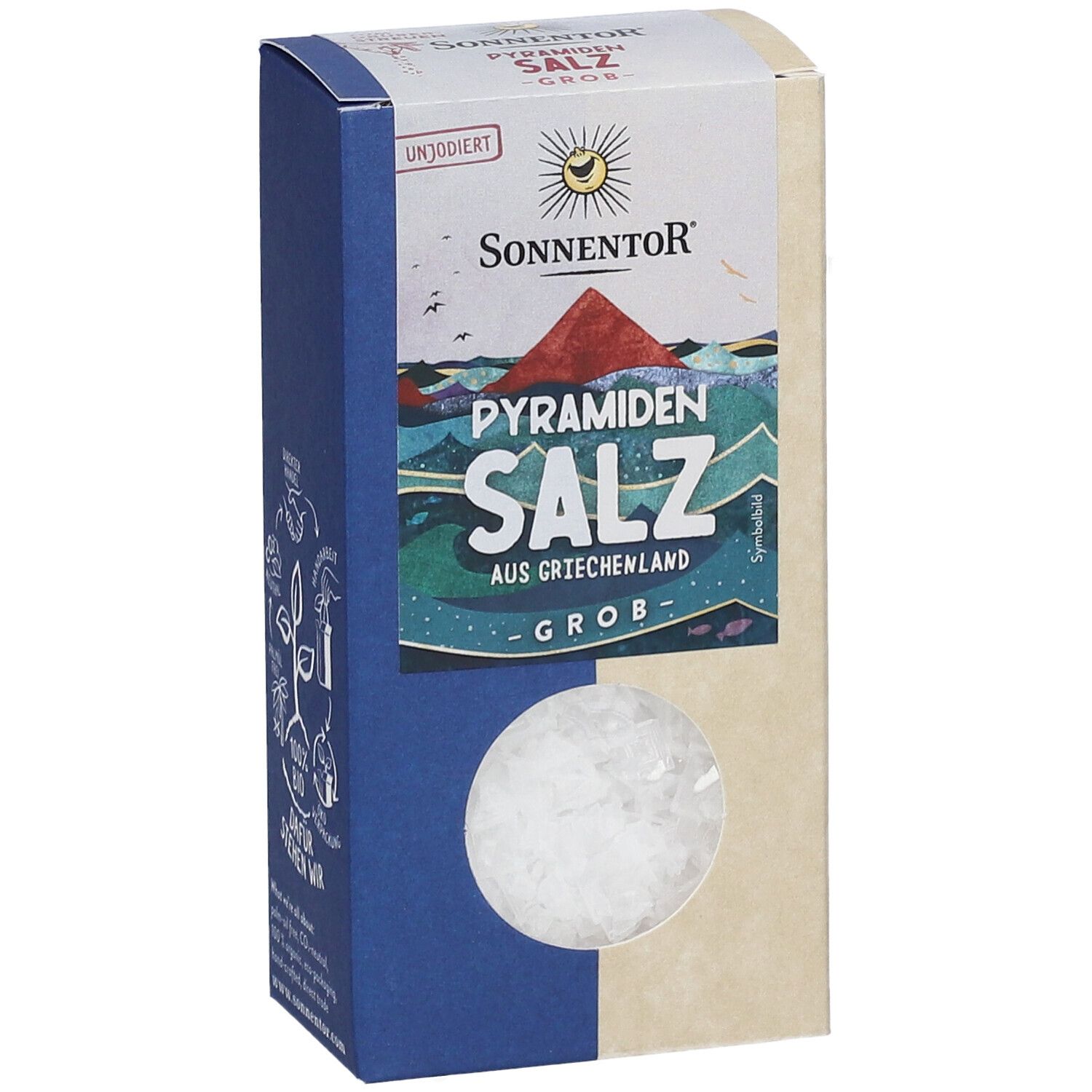 SonnentoR Pyramidensalz-Verpackung. Sichtfenster zeigt grobes Salz. Text: Pyramidensalz, aus Griechenland, grob, unjodiert.