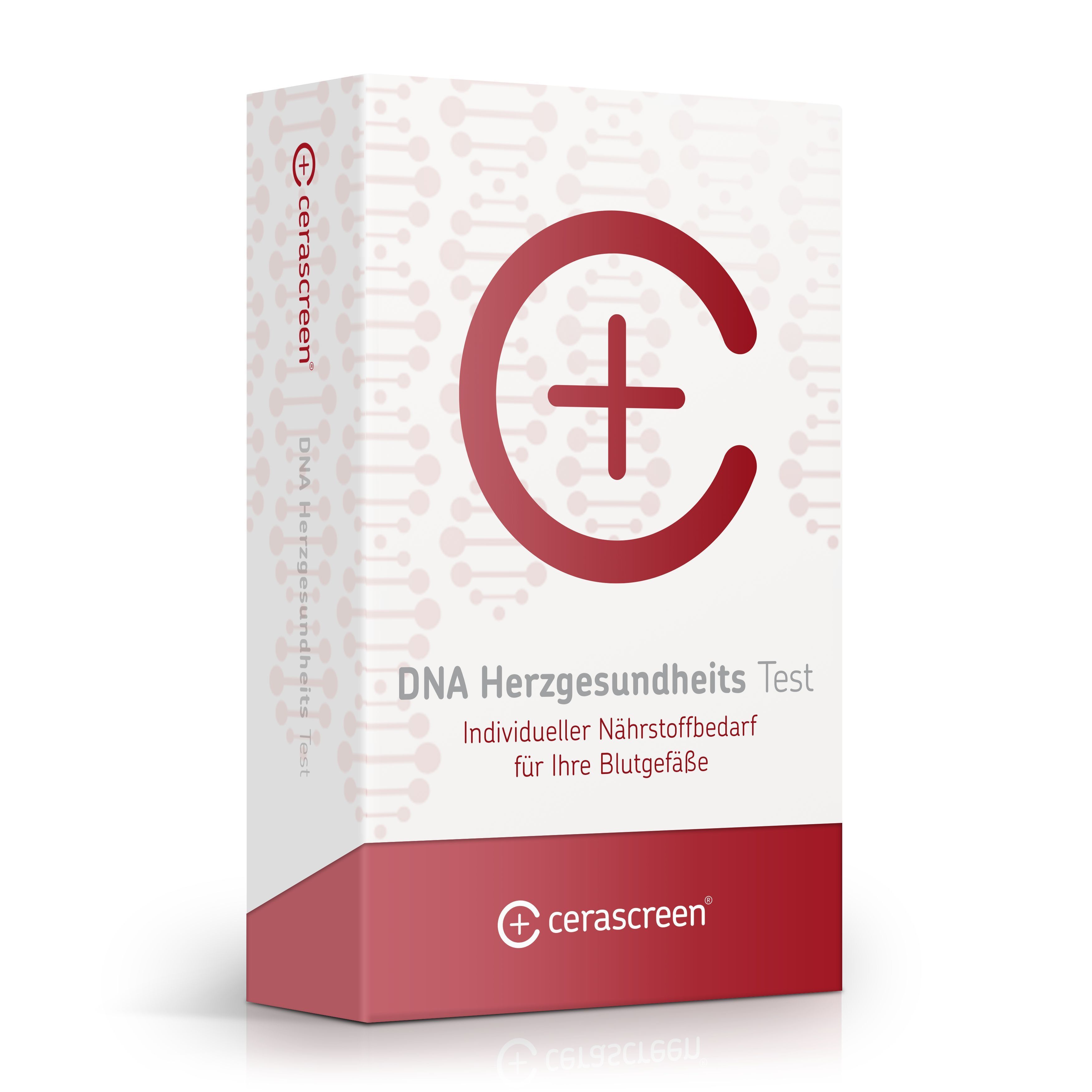 Karton mit rotem Boden. Aufschrift: DNA Herzgesundheits Test. Logo: rotes C mit Kreuz. Marke: cerascreen.