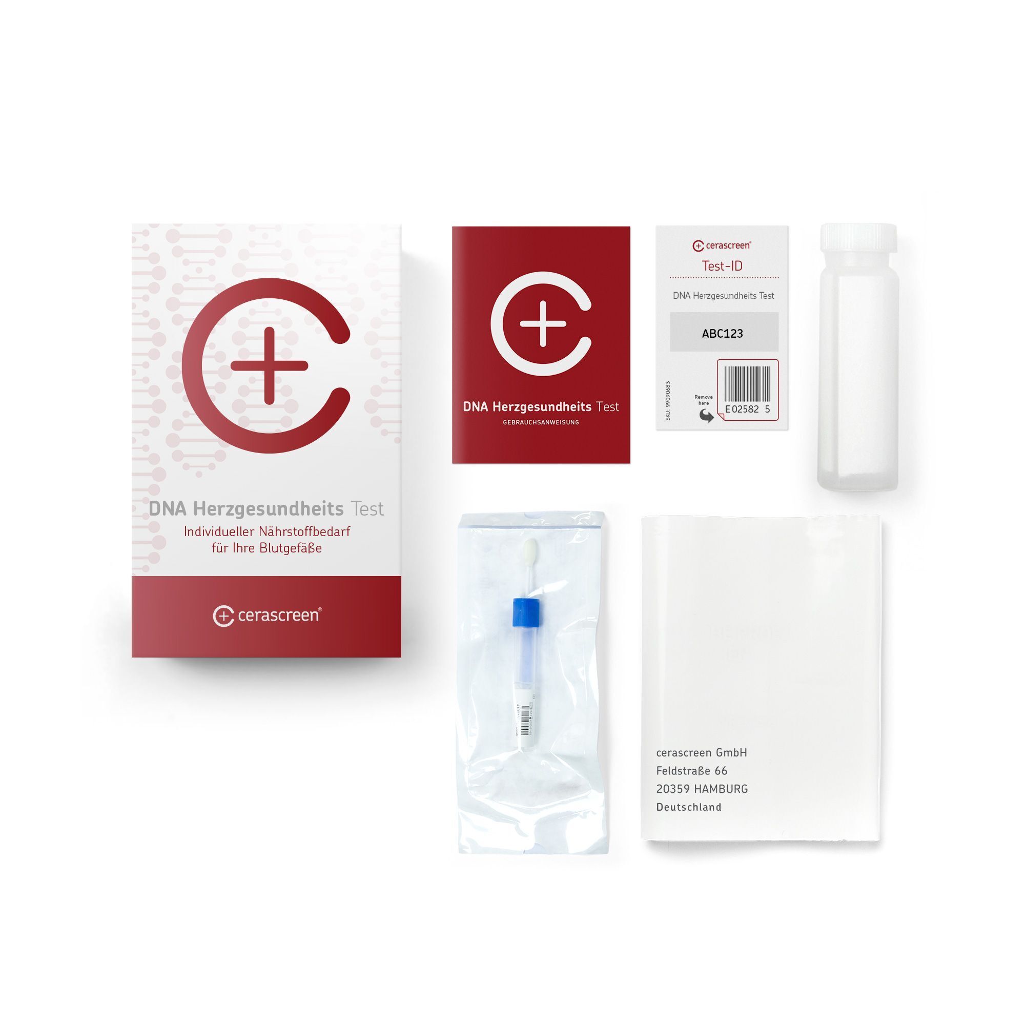 Test-Kit mit Box, Broschüre, Röhrchen, Tupfer, und Umschlag. Aufschrift: DNA Herzgesundheits Test. Marke: cerascreen.