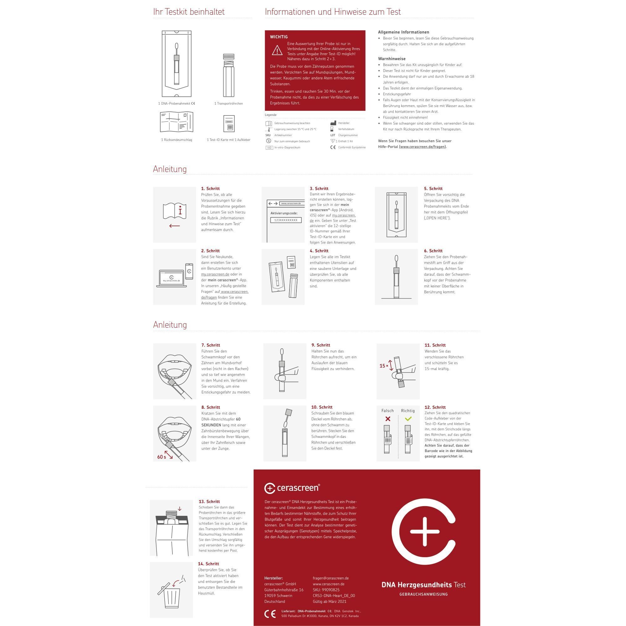 Anleitung mit Illustrationen. Aufschrift: Informationen und Hinweise zum Test. Marke: cerascreen. Logo: rotes C mit Kreuz.