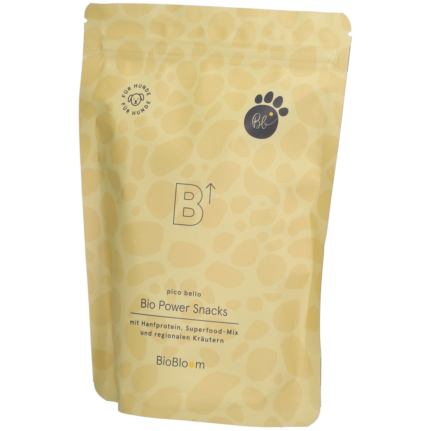 Beutel mit Bio Power Snacks. Aufschrift: Bio Power Snacks, mit Hanfprotein, Superfood-Mix und regionalen Kräutern. Logo: Pfote mit "bb".