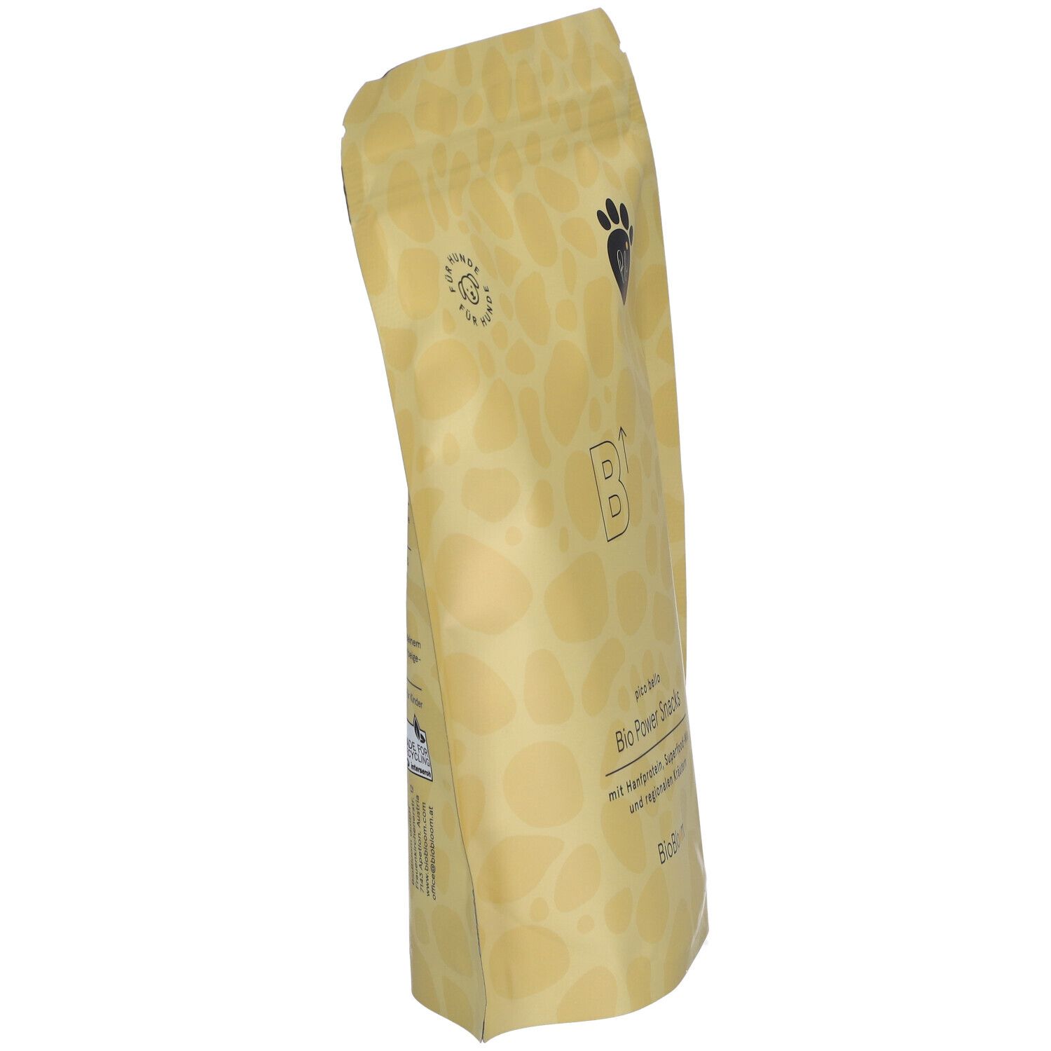 Beutel, schräg von der Seite. Aufschrift: Bio Power Snacks, mit Hanfprotein, Superfood-Mix und regionalen Kräutern. Logo: Pfote mit "bb".