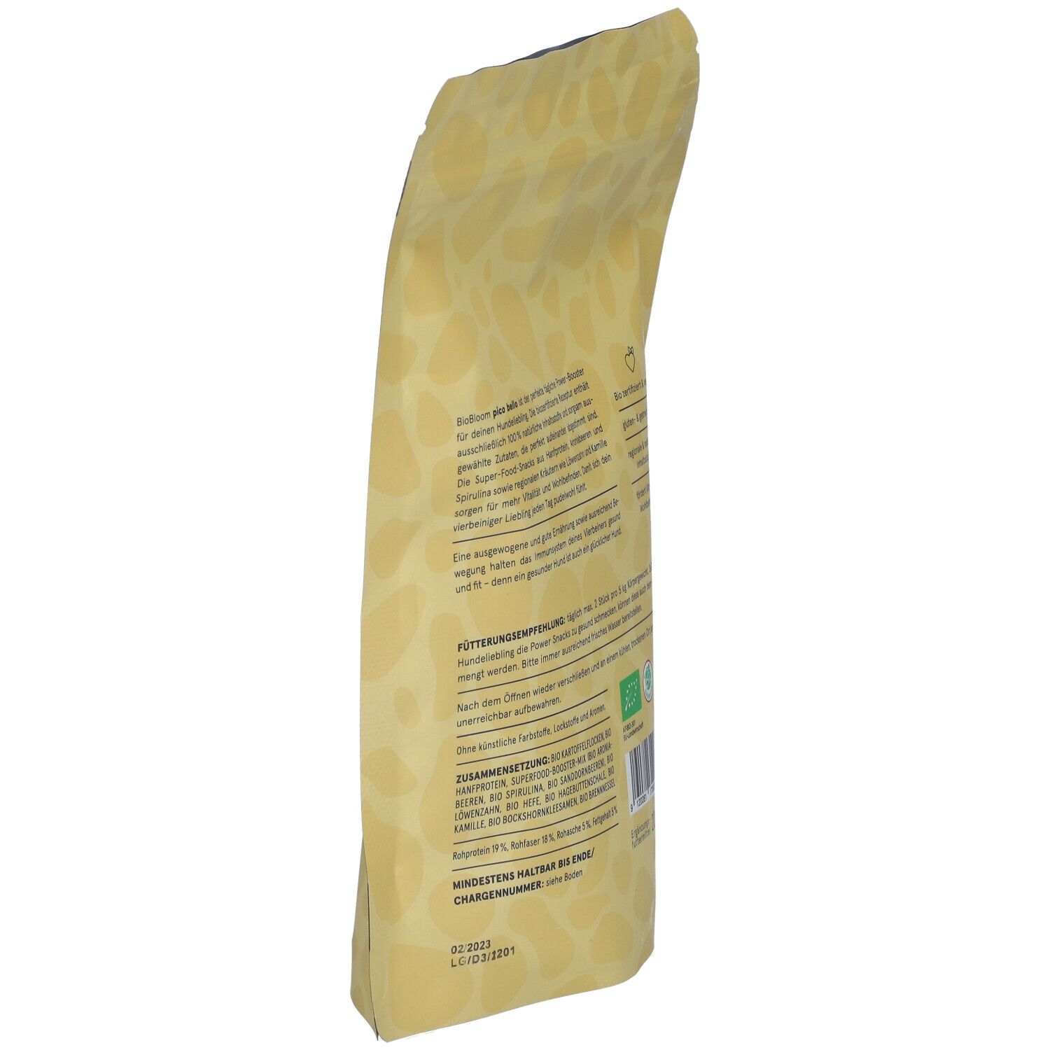 Beutel, schräg von der Seite. Text: Zutaten, Fütterungsempfehlung, Mindesthaltbarkeit. Logo: BioBloom, Bio-Siegel.