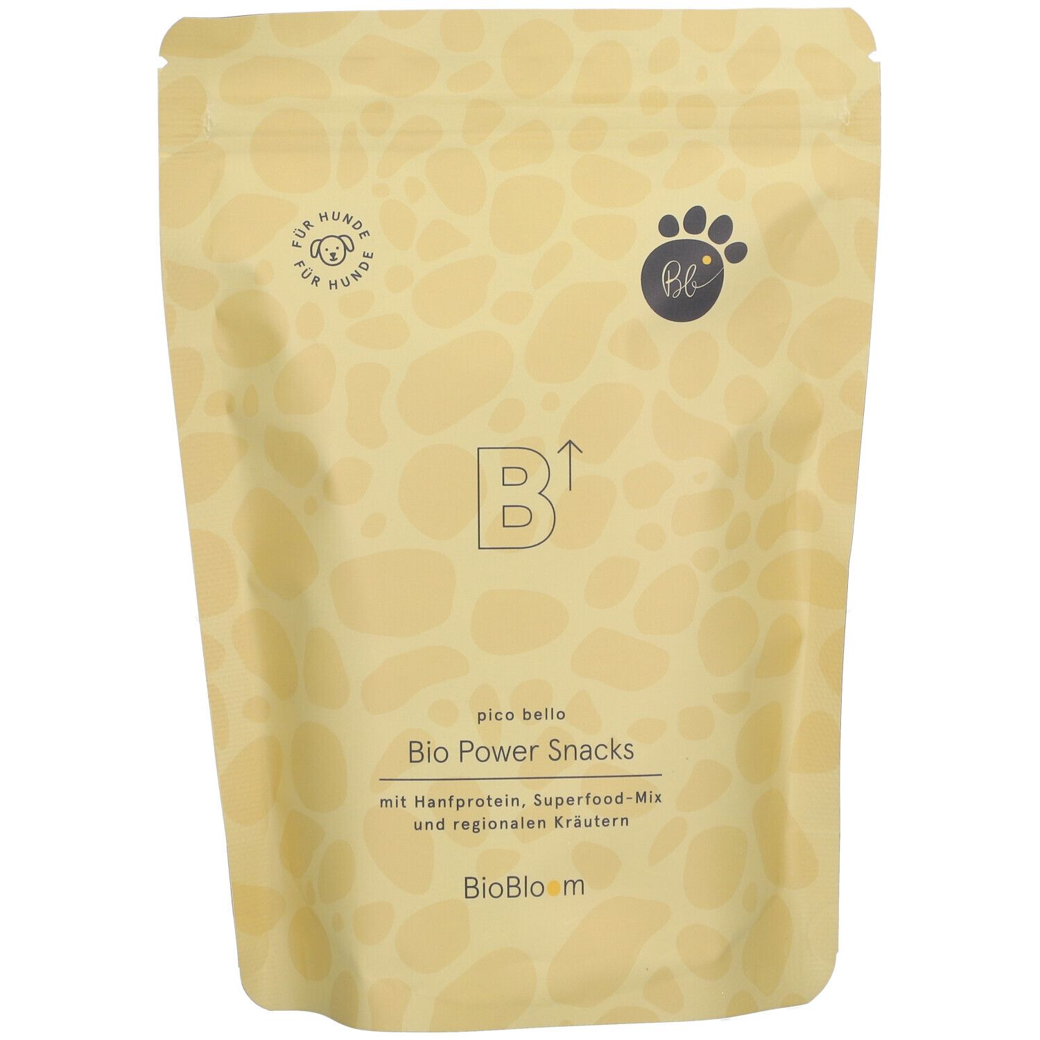 Beutel mit Bio Power Snacks. Aufschrift: Bio Power Snacks, mit Hanfprotein, Superfood-Mix und regionalen Kräutern. Logo: Pfote mit "bb".