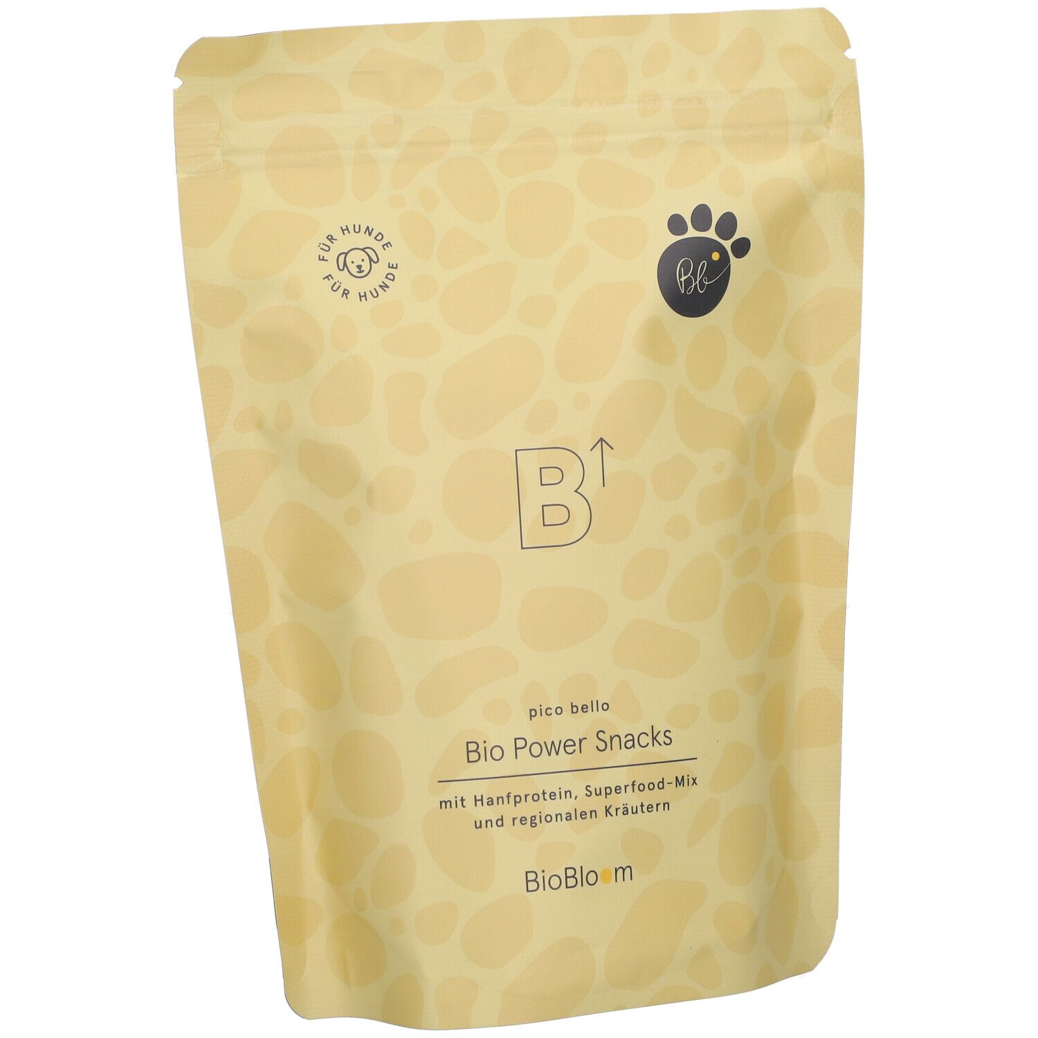 Beutel mit Bio Power Snacks. Aufschrift: Bio Power Snacks, mit Hanfprotein, Superfood-Mix und regionalen Kräutern. Logo: Pfote mit "bb".