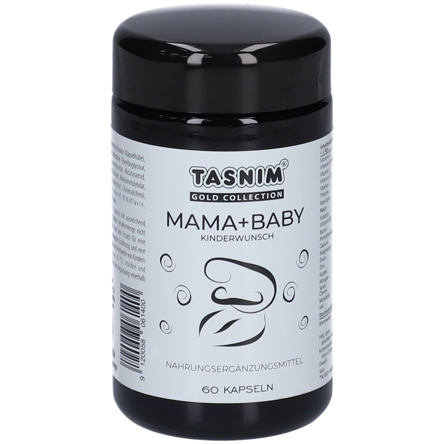 Schwarze Dose TASNIM Mama+Baby. Aufschrift: Gold Collection, Kinderwunsch, 60 Kapseln. Logo: stilisiertes Baby. Seitenansicht.