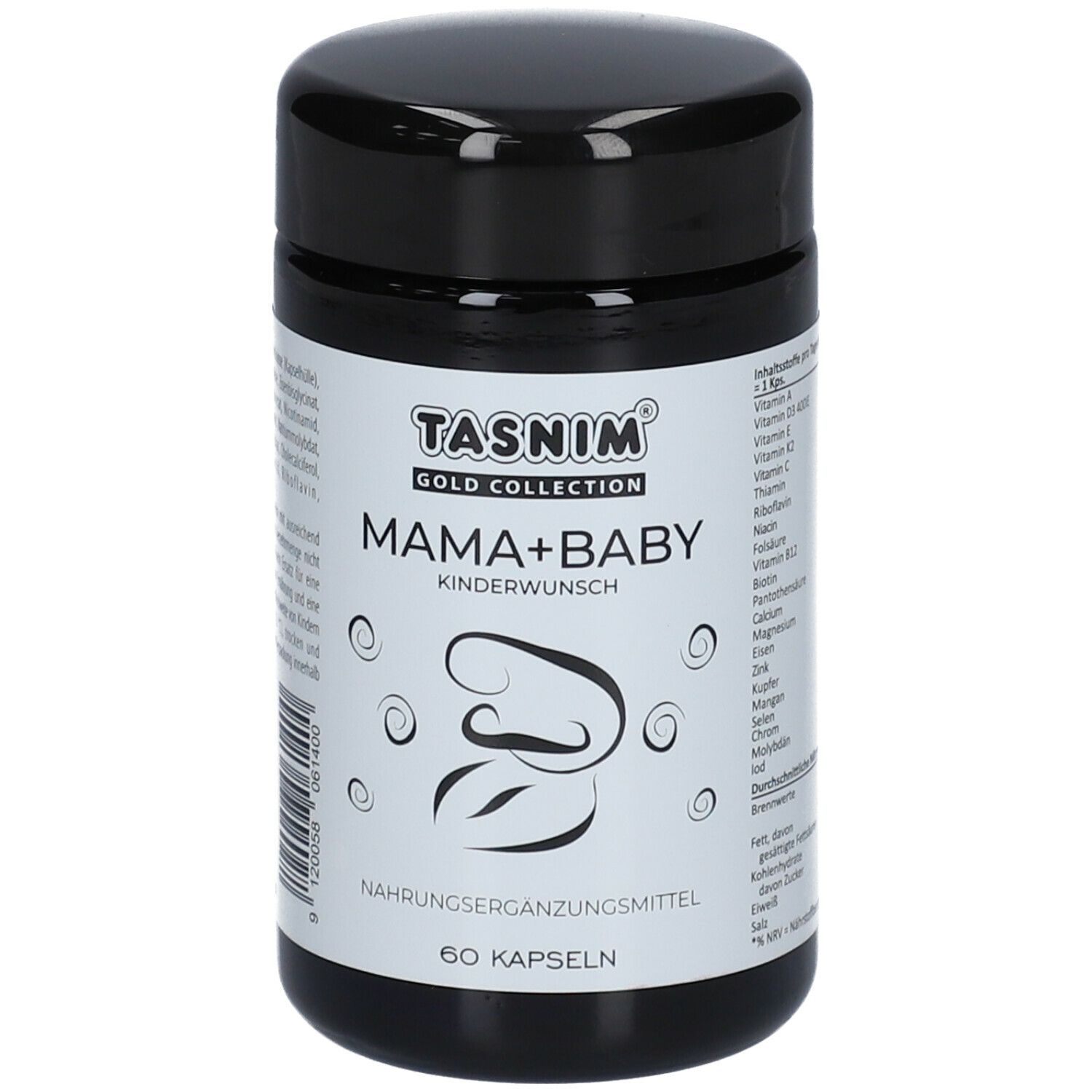 Schwarze Dose TASNIM Mama+Baby. Aufschrift: Gold Collection, Kinderwunsch, 60 Kapseln. Logo: stilisiertes Baby. Nährwertangaben.
