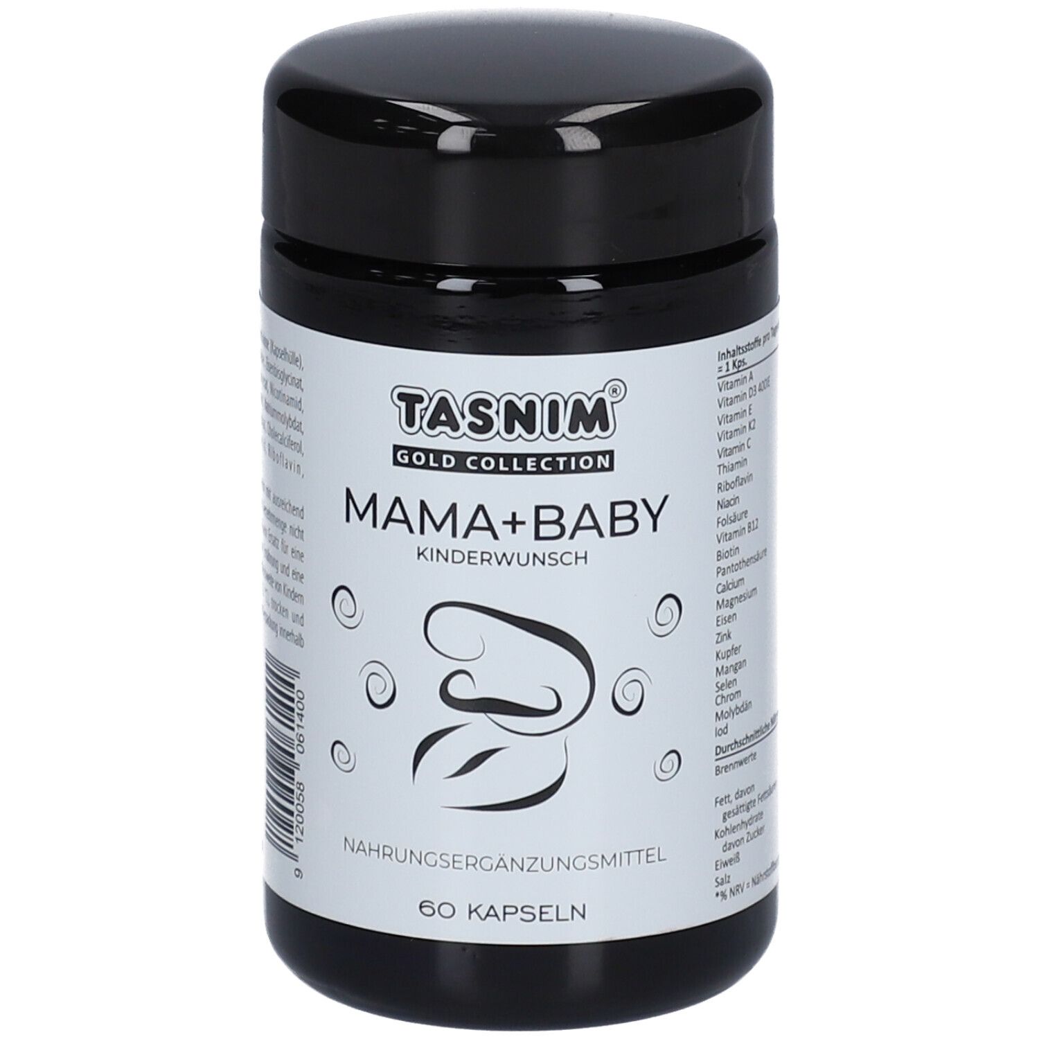 Schwarze Dose mit TASNIM Mama+Baby. Aufschrift: Gold Collection, Kinderwunsch, 60 Kapseln. Logo: stilisiertes Baby.