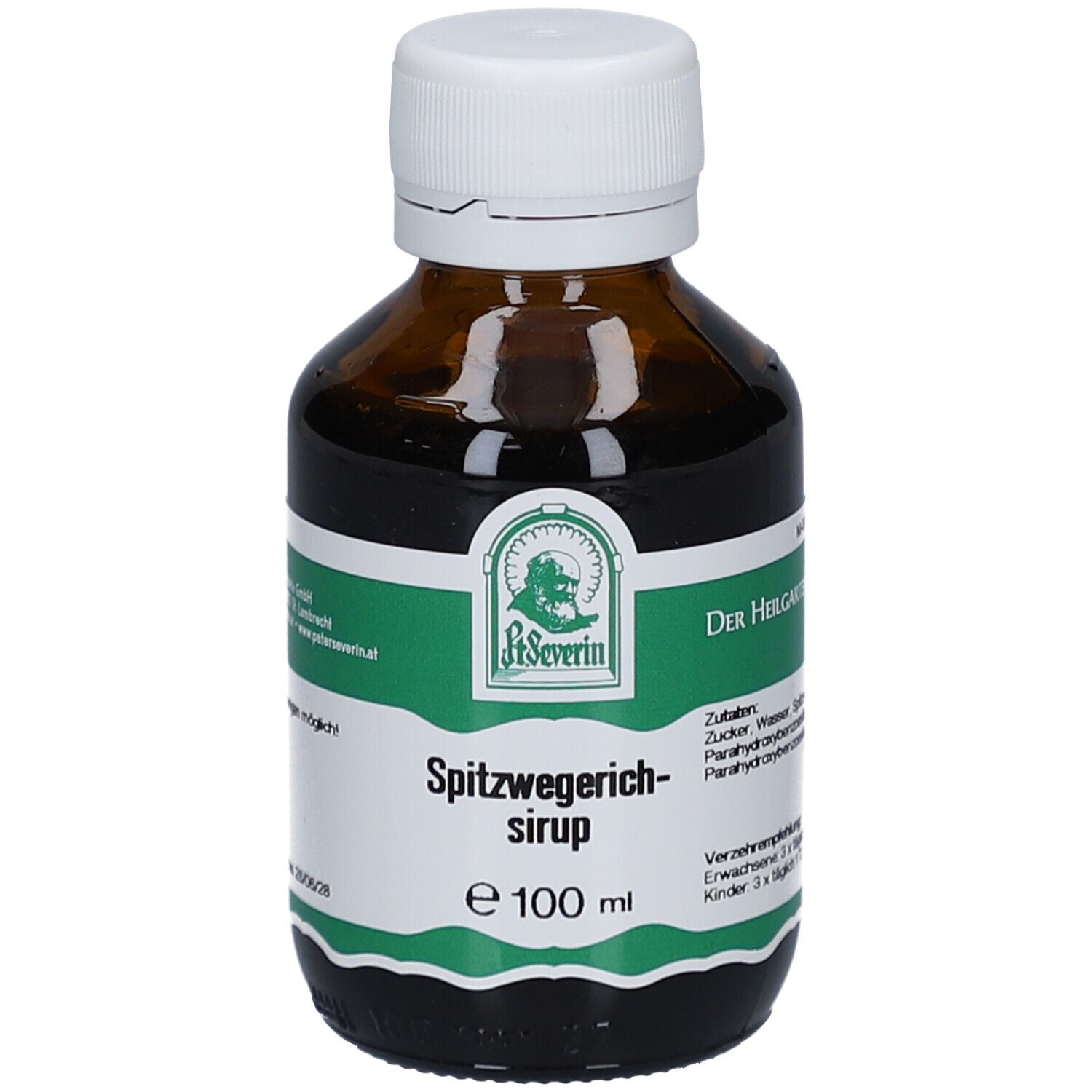 Braune Glasflasche mit weißem Deckel. Etikett mit Produktnamen und Logo. Text: Spitzwegerichsirup, e 100 ml.