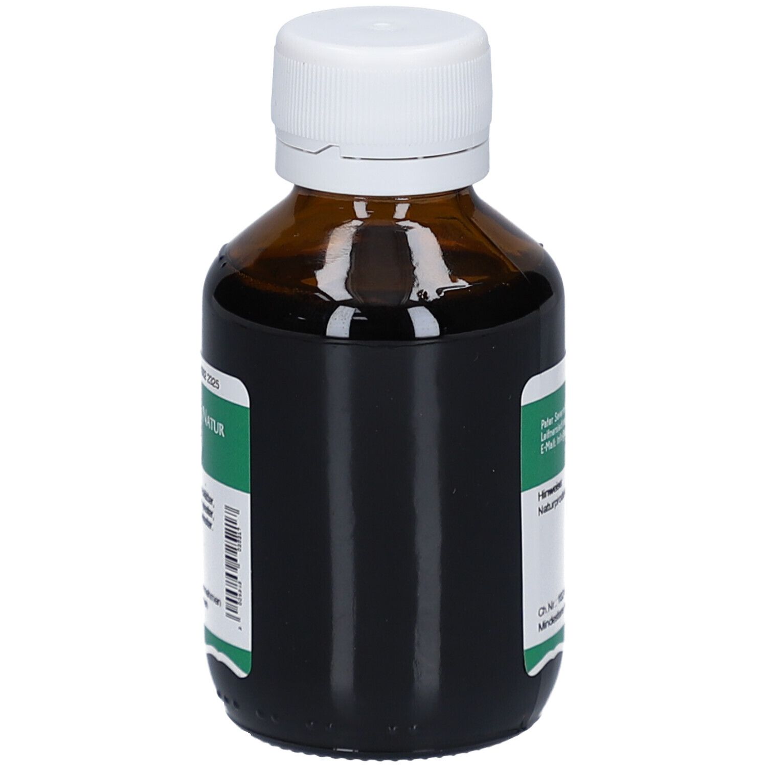 Braune Glasflasche mit weißem Deckel. Etikett mit Herstellerinformationen. Text: Naturprodukt, Trübungen möglich!