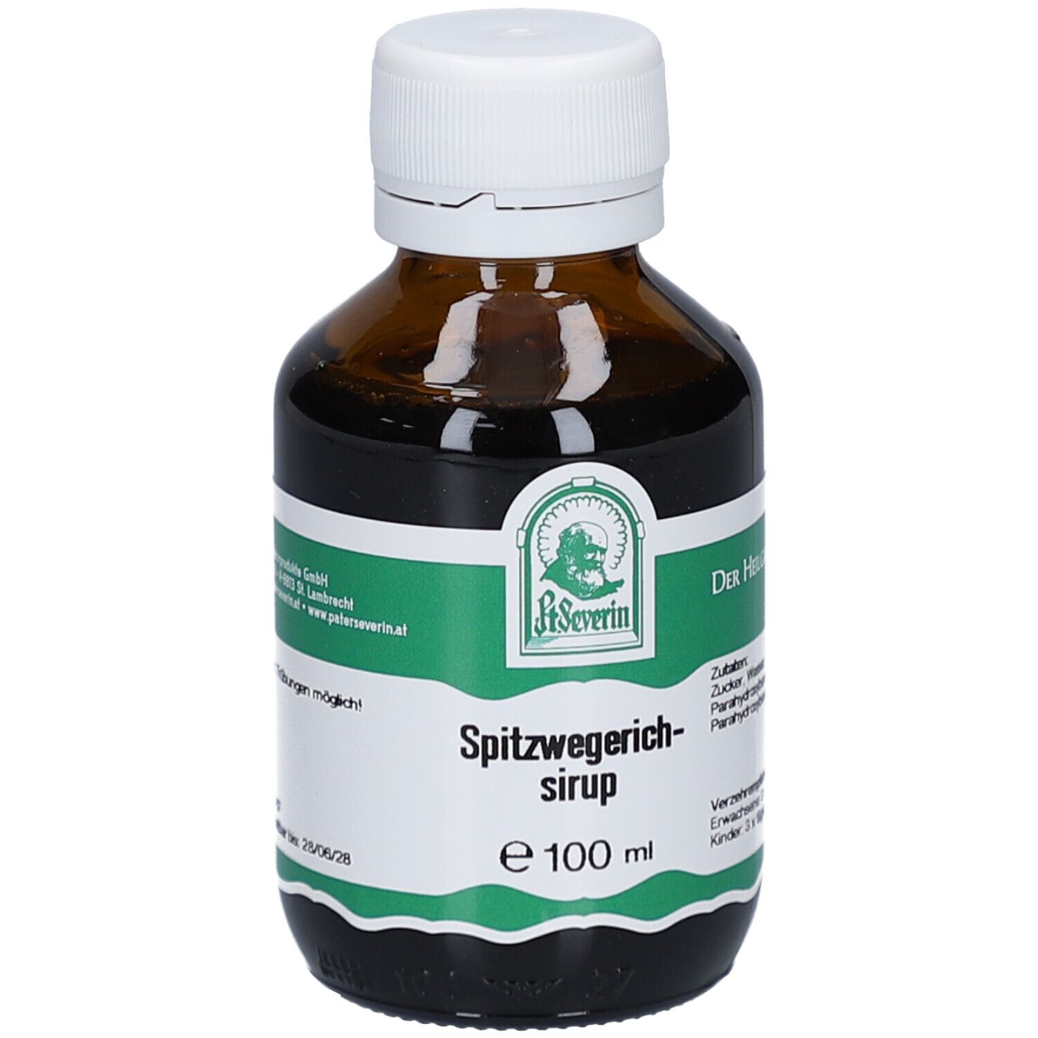 Braune Glasflasche mit weißem Deckel. Etikett mit Produktnamen und Logo. Text: Spitzwegerichsirup, e 100 ml.