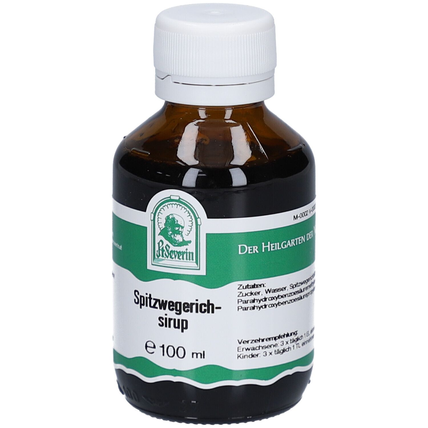 Braune Glasflasche mit weißem Deckel. Etikett mit Produktnamen, Logo und Dosierungshinweisen. Text: Spitzwegerichsirup, e 100 ml.