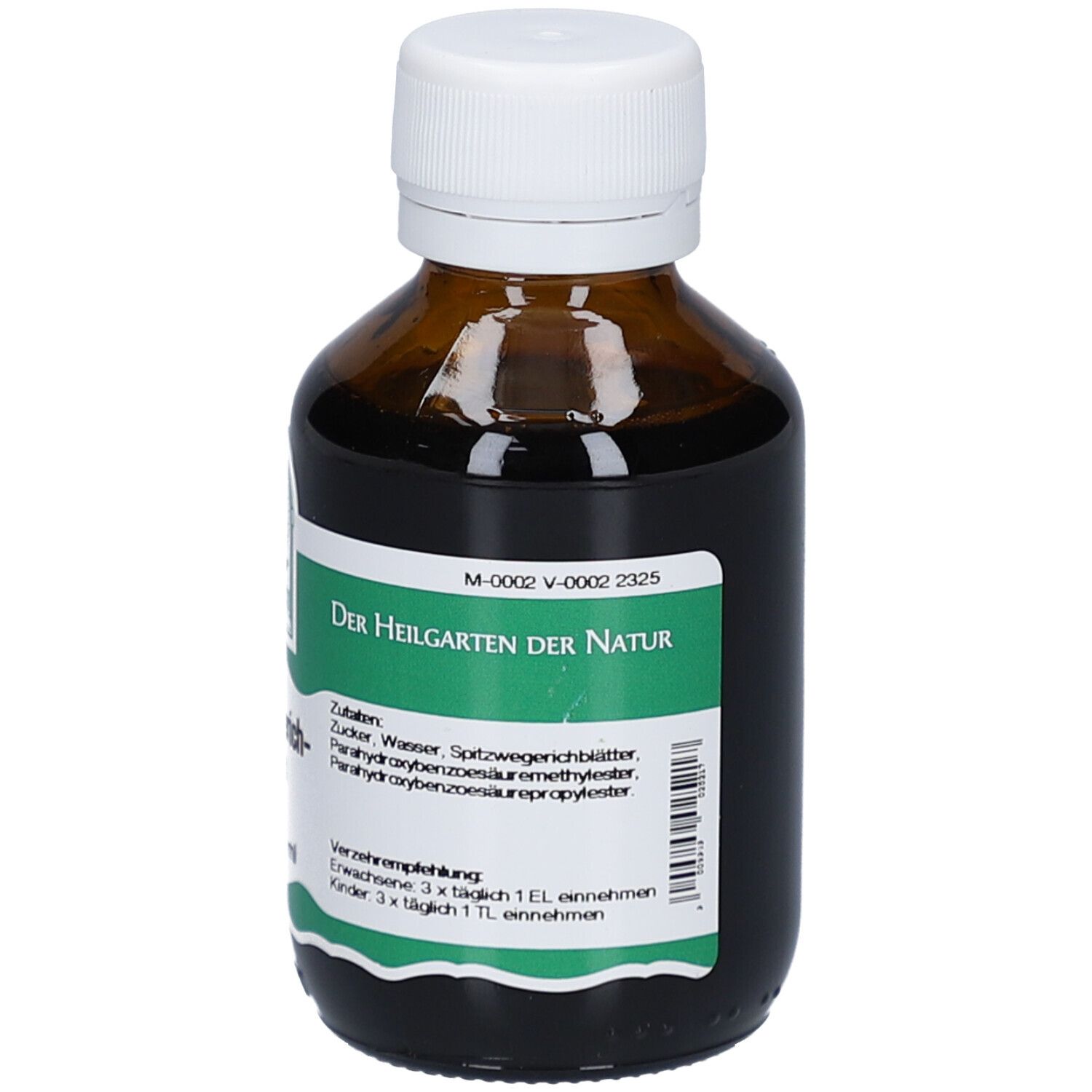 Braune Glasflasche mit weißem Deckel. Etikett mit Produktnamen, Logo und Dosierungshinweisen. Text: Spitzwegerichsirup.