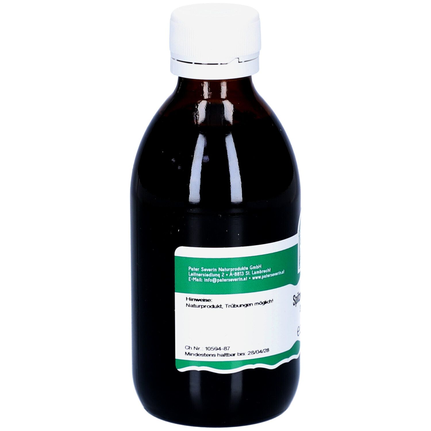 Braune Glasflasche mit weißem Deckel. Grünes Etikett mit Produktinformationen. Aufschrift: Spitzwegerich-sirup, e 200 ml.