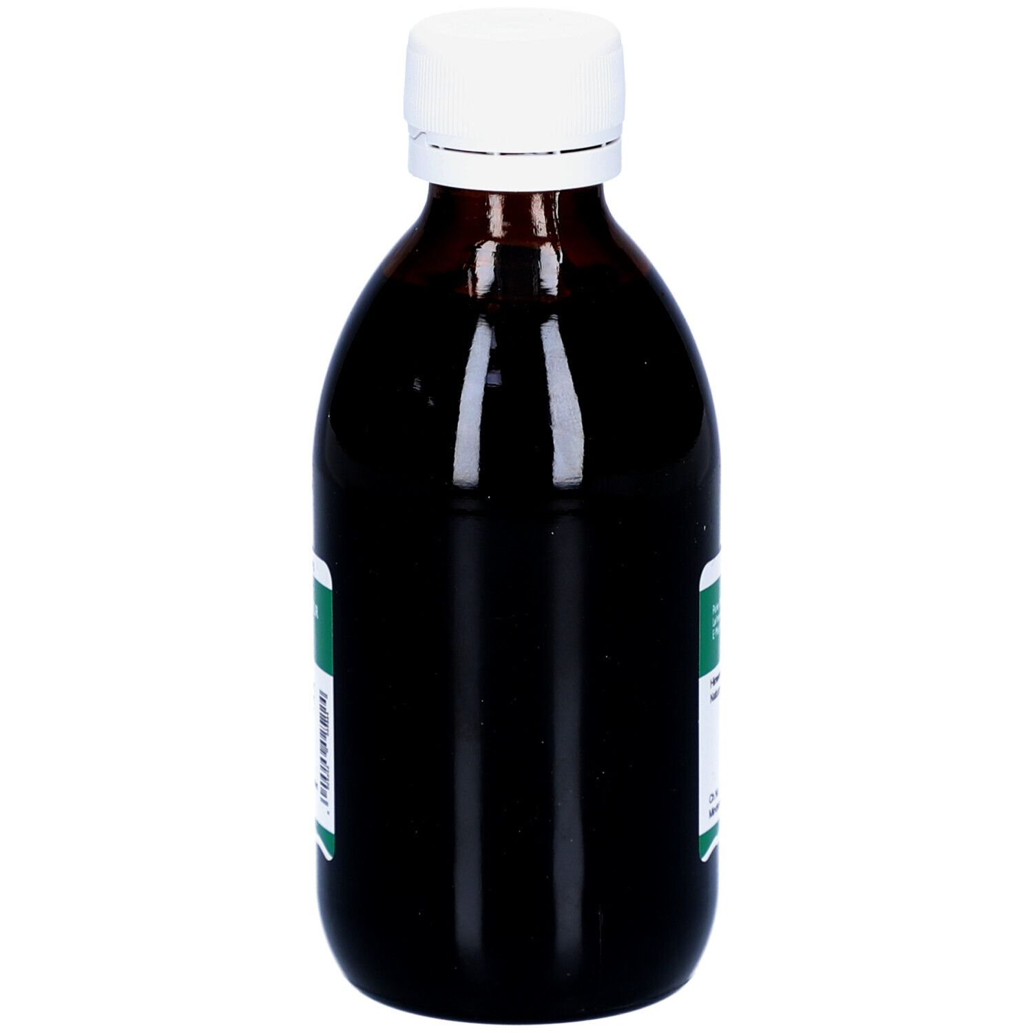 Braune Glasflasche mit weißem Deckel. Etikett mit Produktinformationen. Aufschrift nicht lesbar.