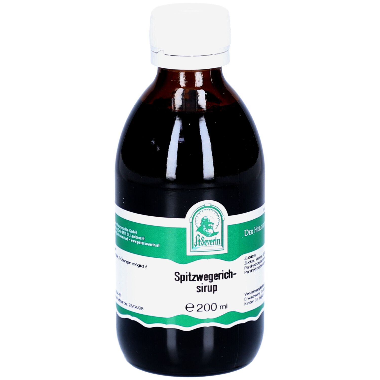 Braune Glasflasche mit weißem Deckel. Grünes Etikett mit Produktnamen und Logo. Aufschrift: Spitzwegerich-sirup, e 200 ml.