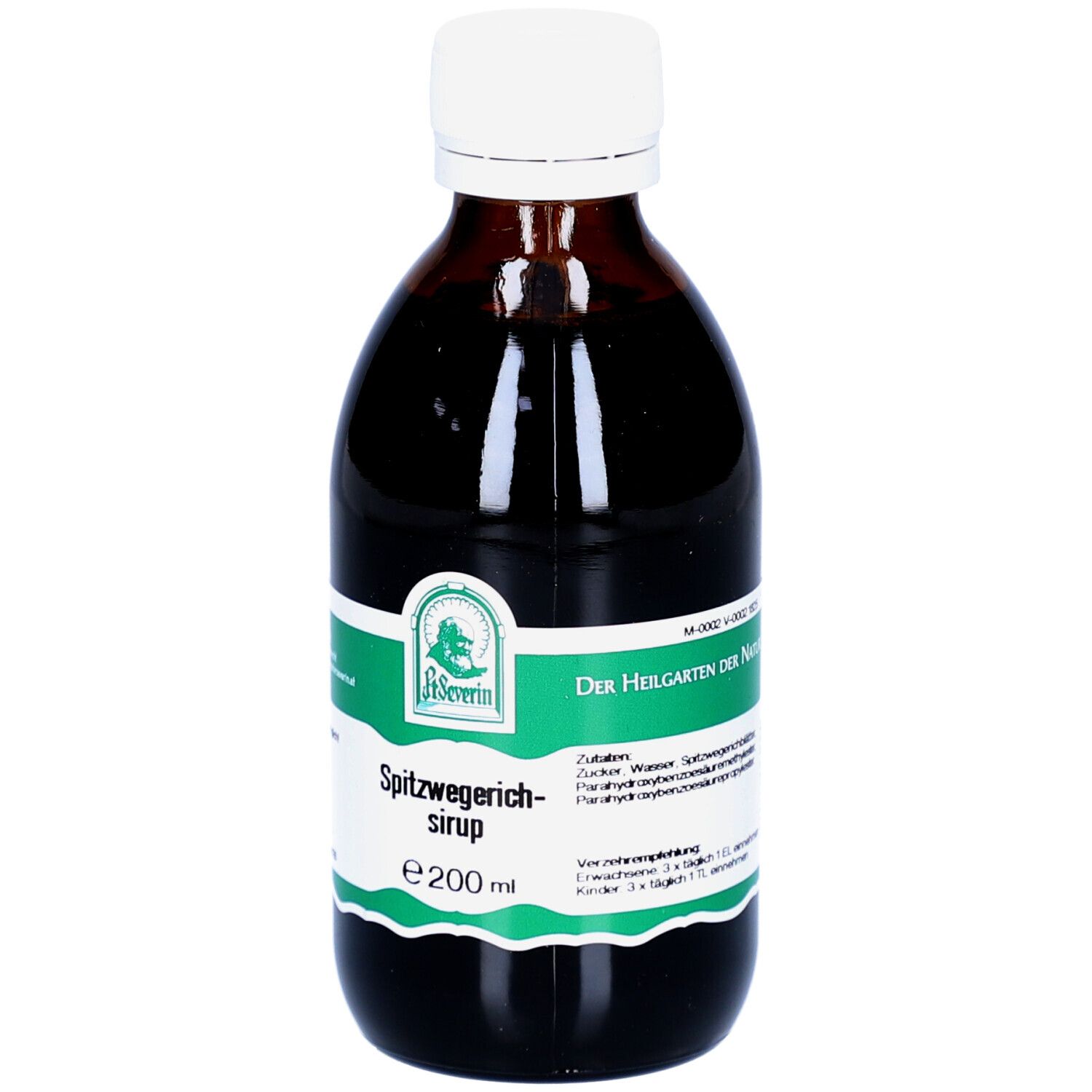 Braune Glasflasche mit weißem Deckel. Grünes Etikett mit Produktnamen und Logo. Aufschrift: Spitzwegerich-sirup, e 200 ml.