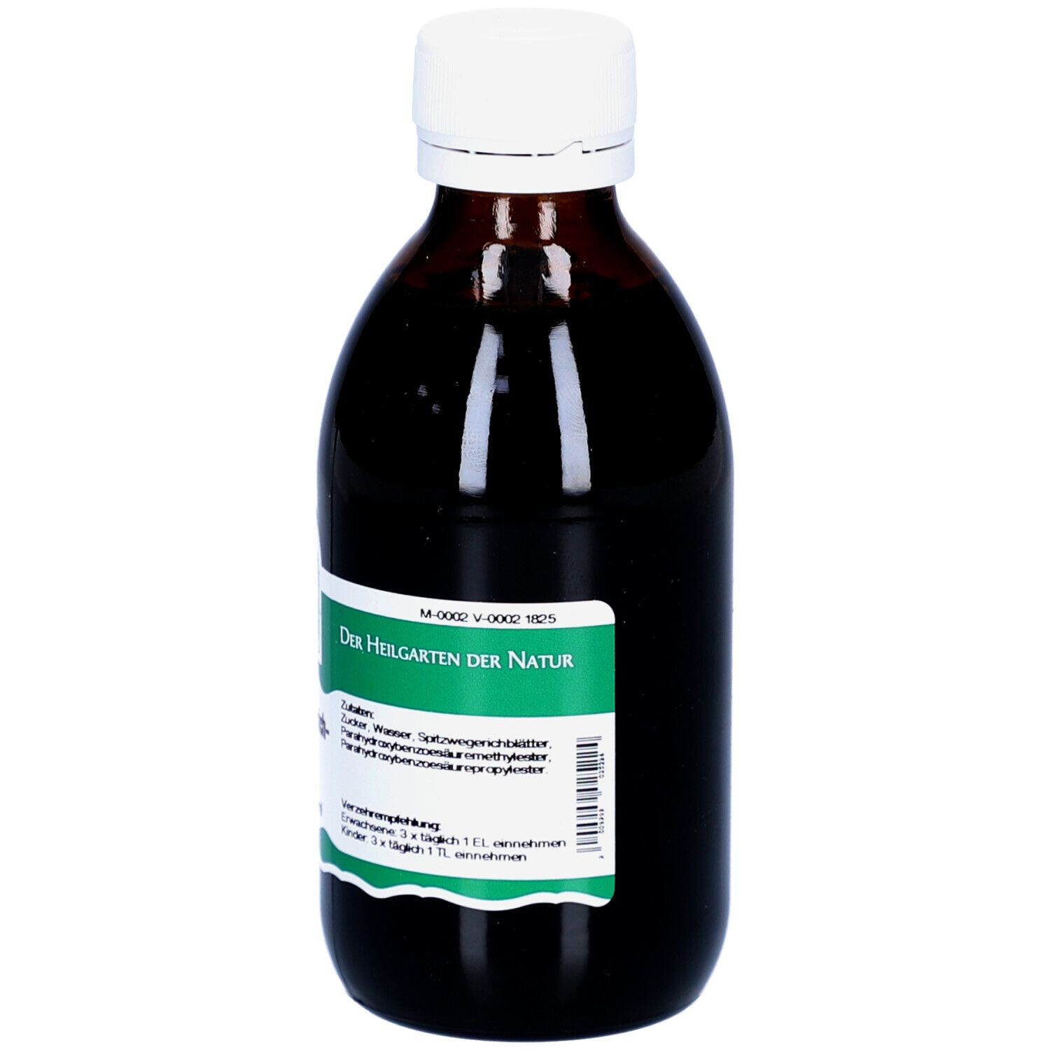 Braune Glasflasche mit weißem Deckel. Grünes Etikett mit Produktinformationen. Aufschrift: Spitzwegerich-sirup.