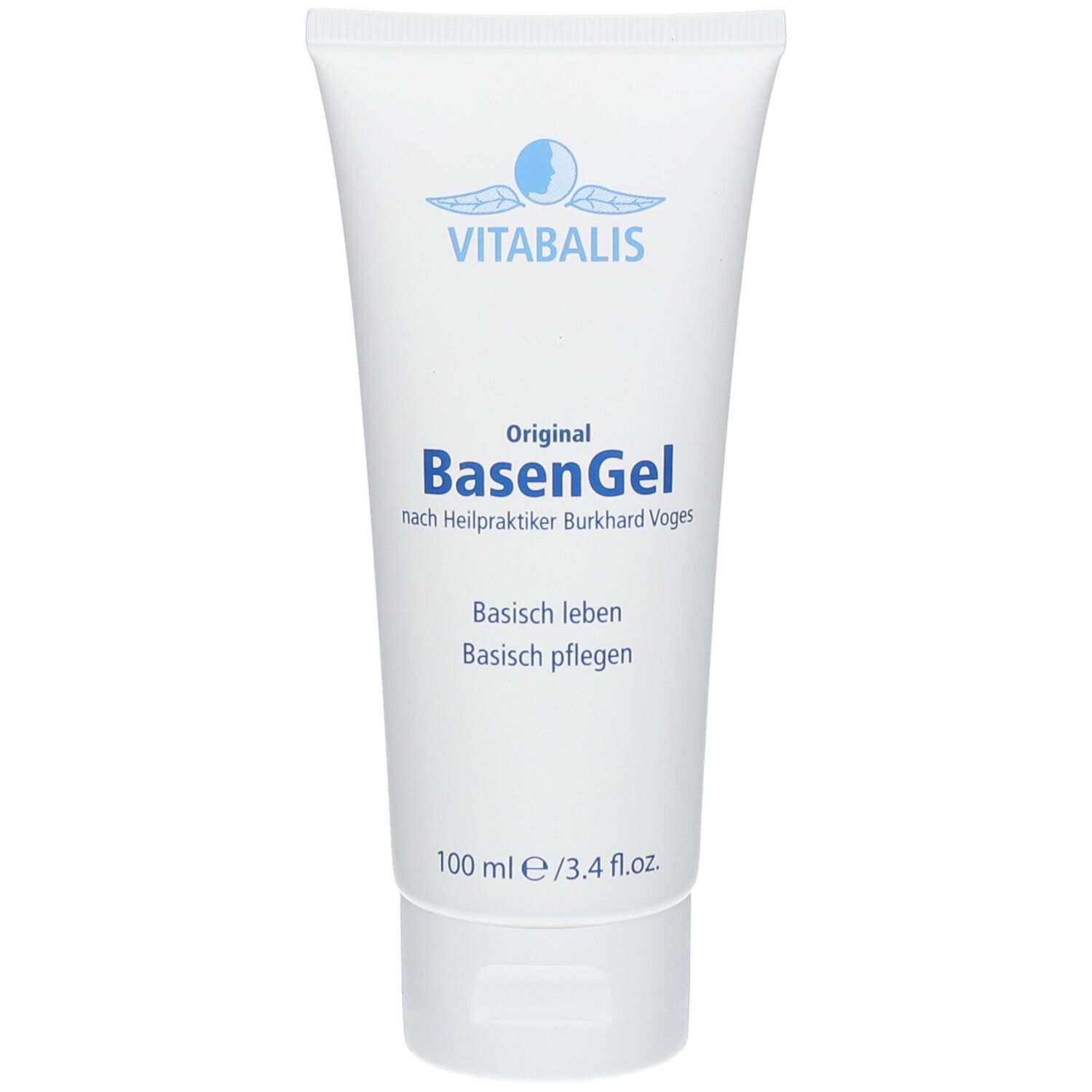Weiße Tube mit blauem Schriftzug BasenGel und Logo. Text: Original, nach Heilpraktiker Burkhard Voges. 100 ml.