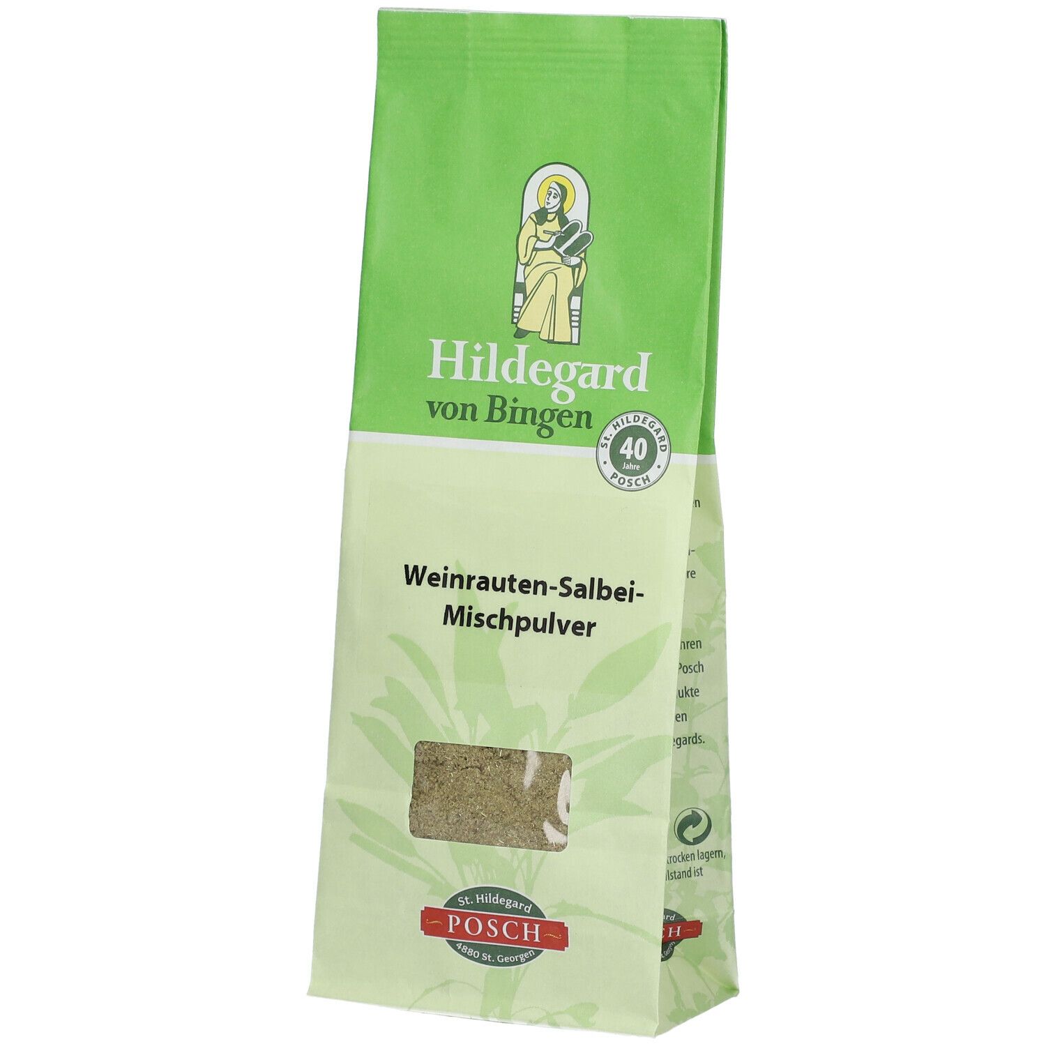 Grüne Verpackung mit Produktnamen und Sichtfenster. Logo: Hildegard von Bingen, POSCH. Inhalt sichtbar.
