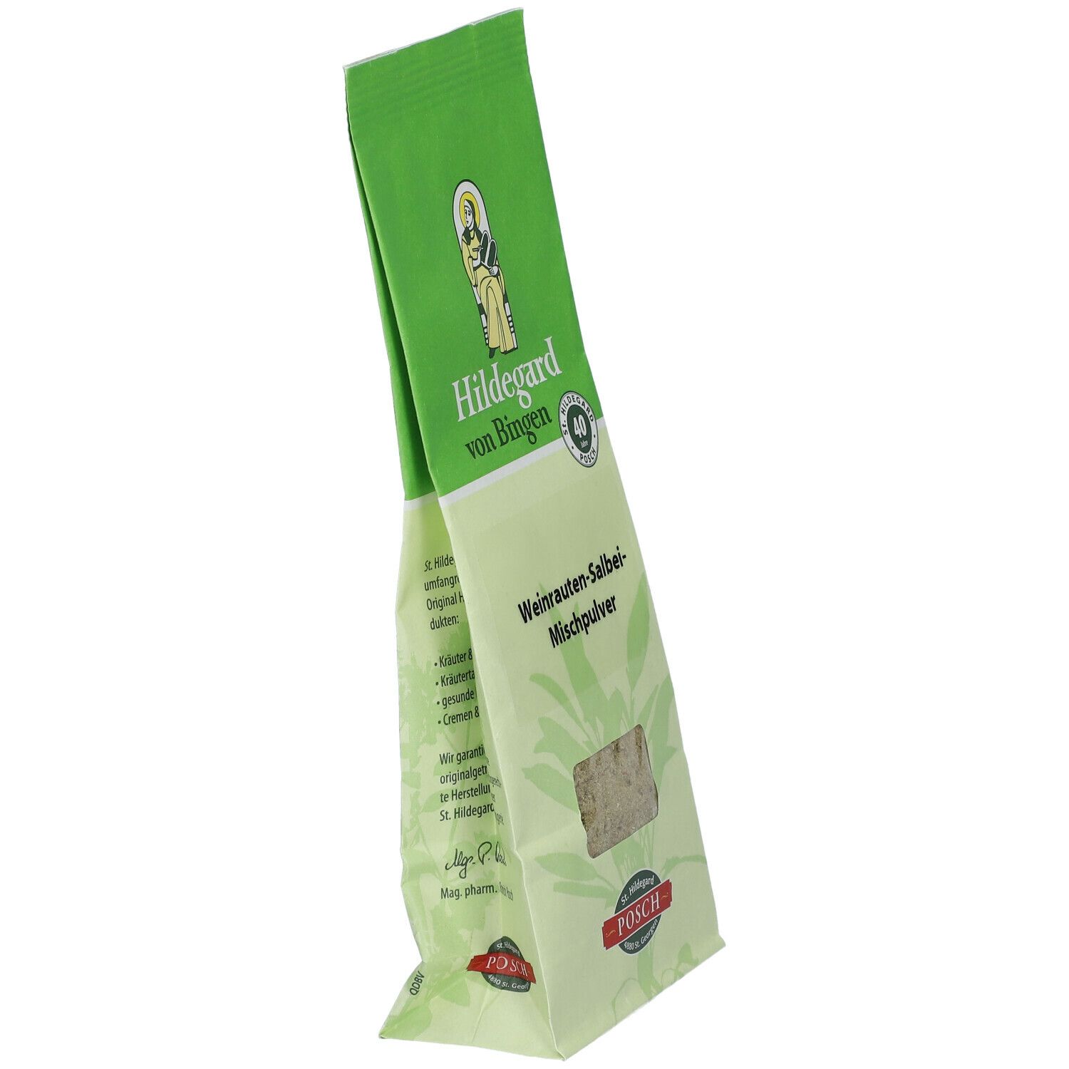 Schräg stehende grüne Verpackung mit Produktnamen und Sichtfenster. Logo: Hildegard von Bingen, POSCH.