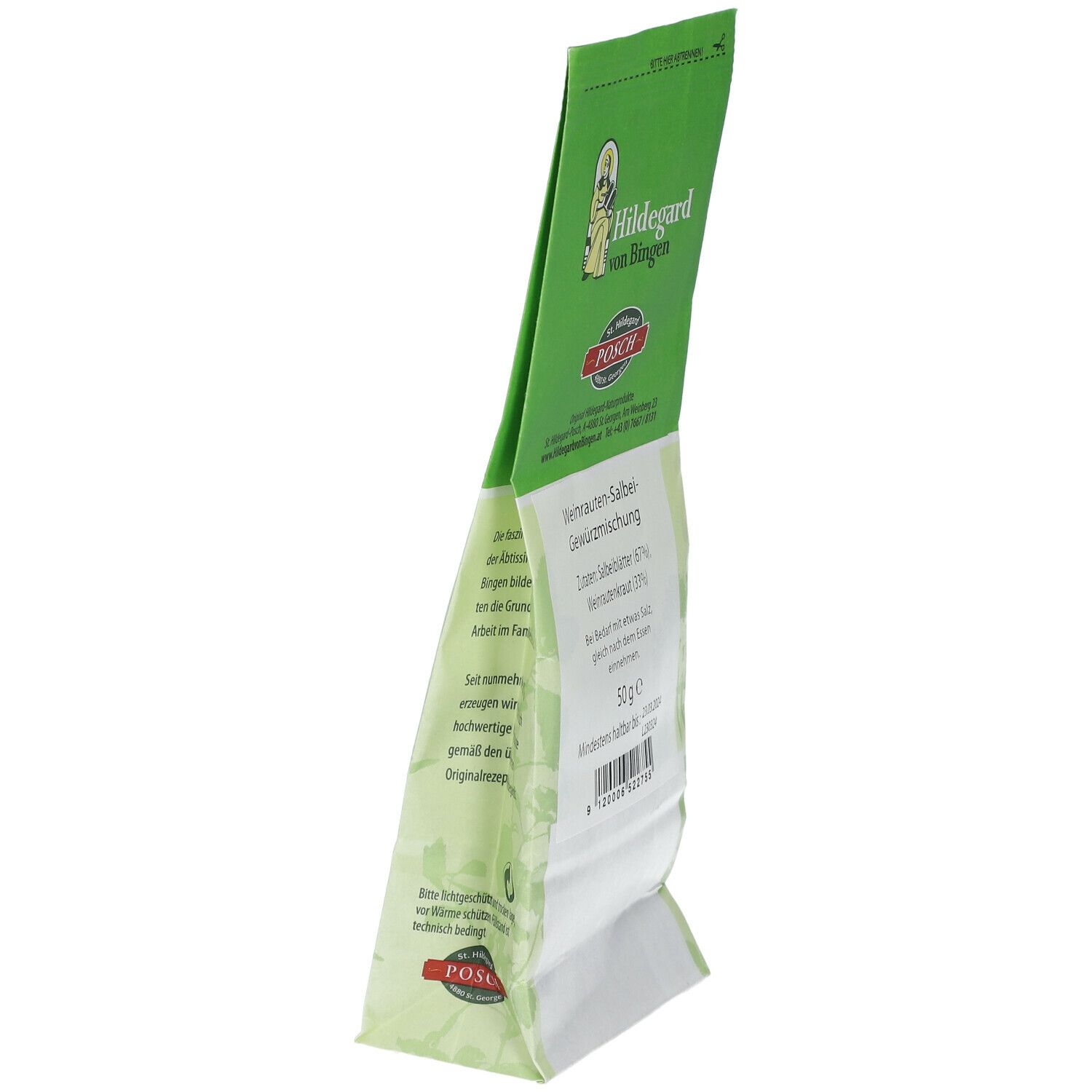 Schräg stehende grüne Verpackung mit Produktnamen und Text. Logo: Hildegard von Bingen, POSCH. 50g.