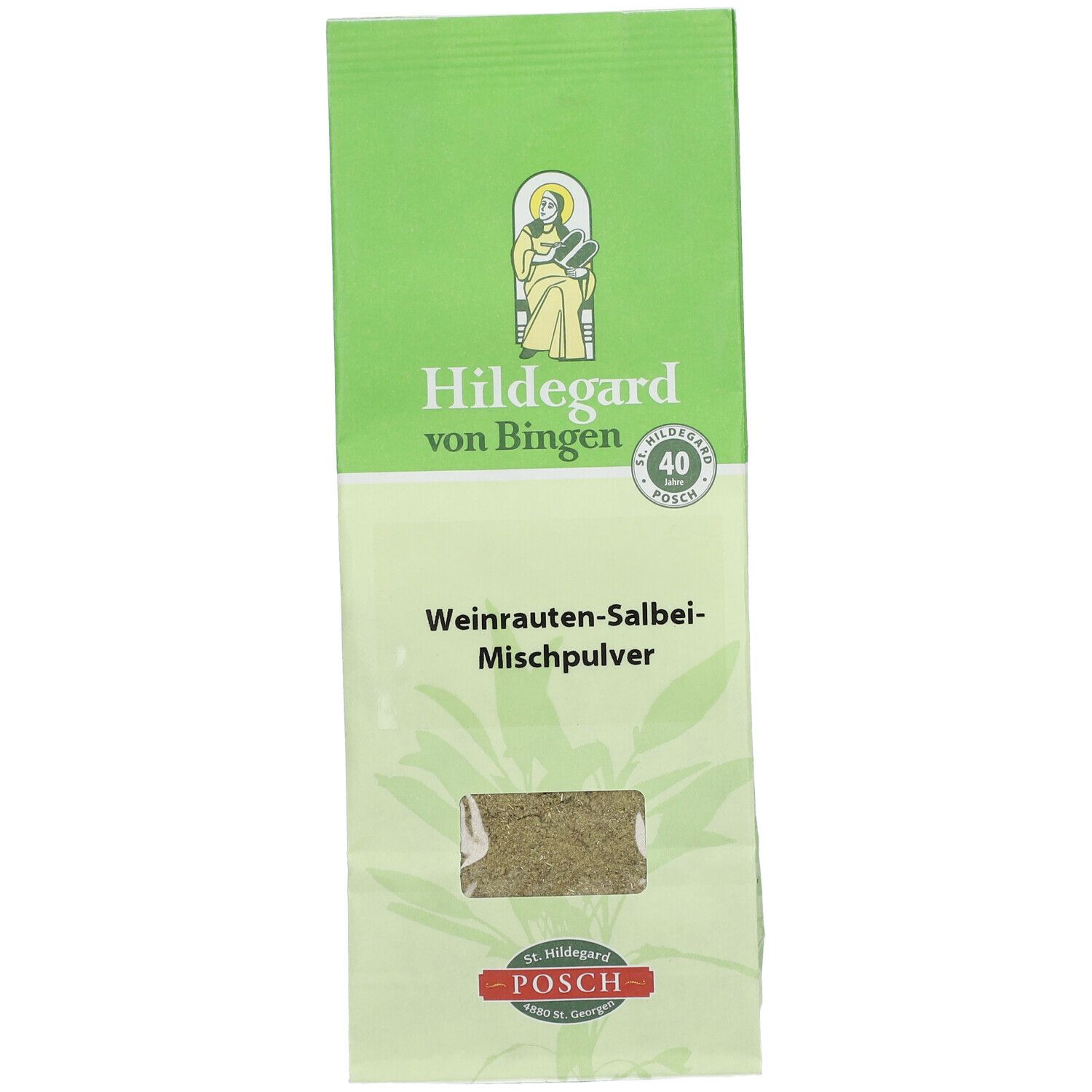 Grüne Verpackung mit Produktnamen und Sichtfenster. Logo: Hildegard von Bingen, POSCH. Inhalt sichtbar.