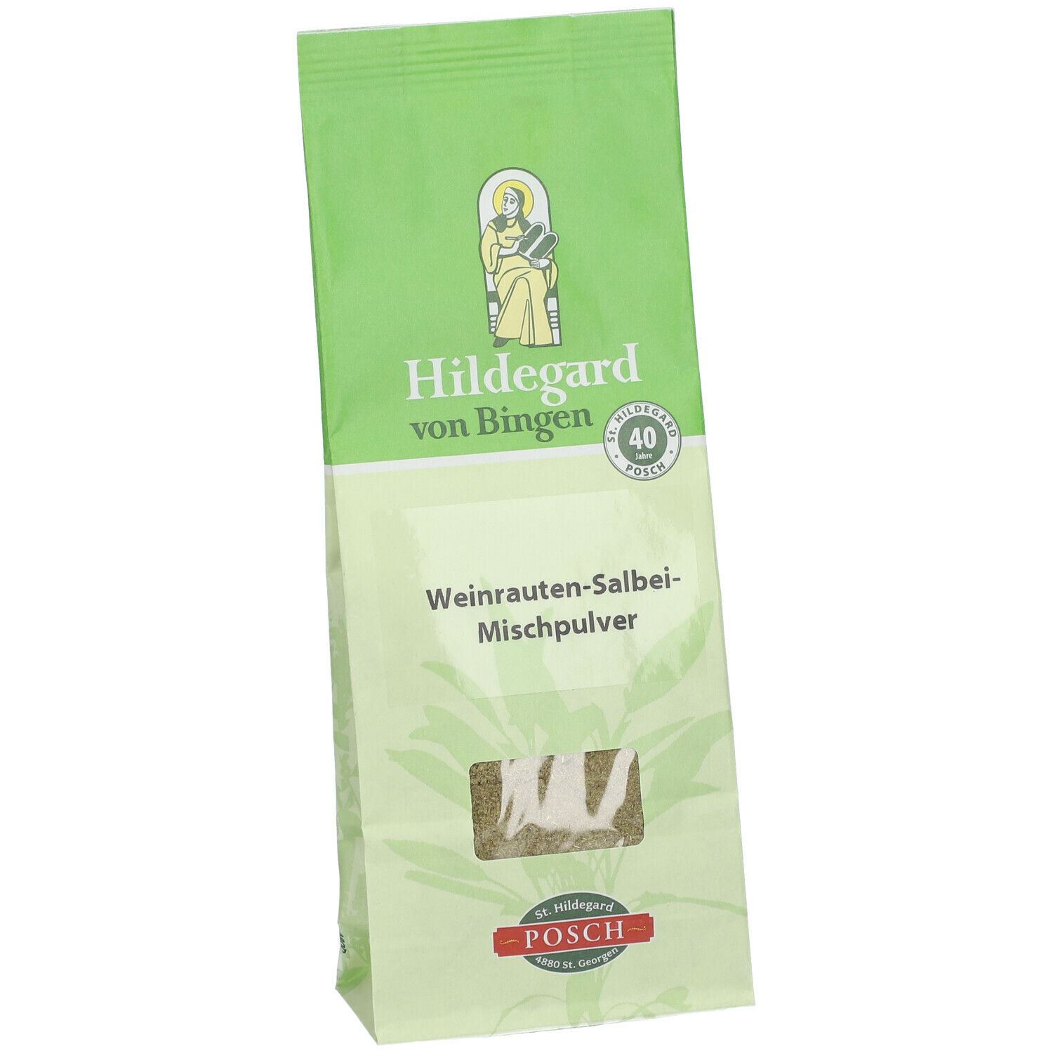 Grüne Verpackung mit Produktnamen und Sichtfenster. Logo: Hildegard von Bingen, POSCH. Inhalt sichtbar.