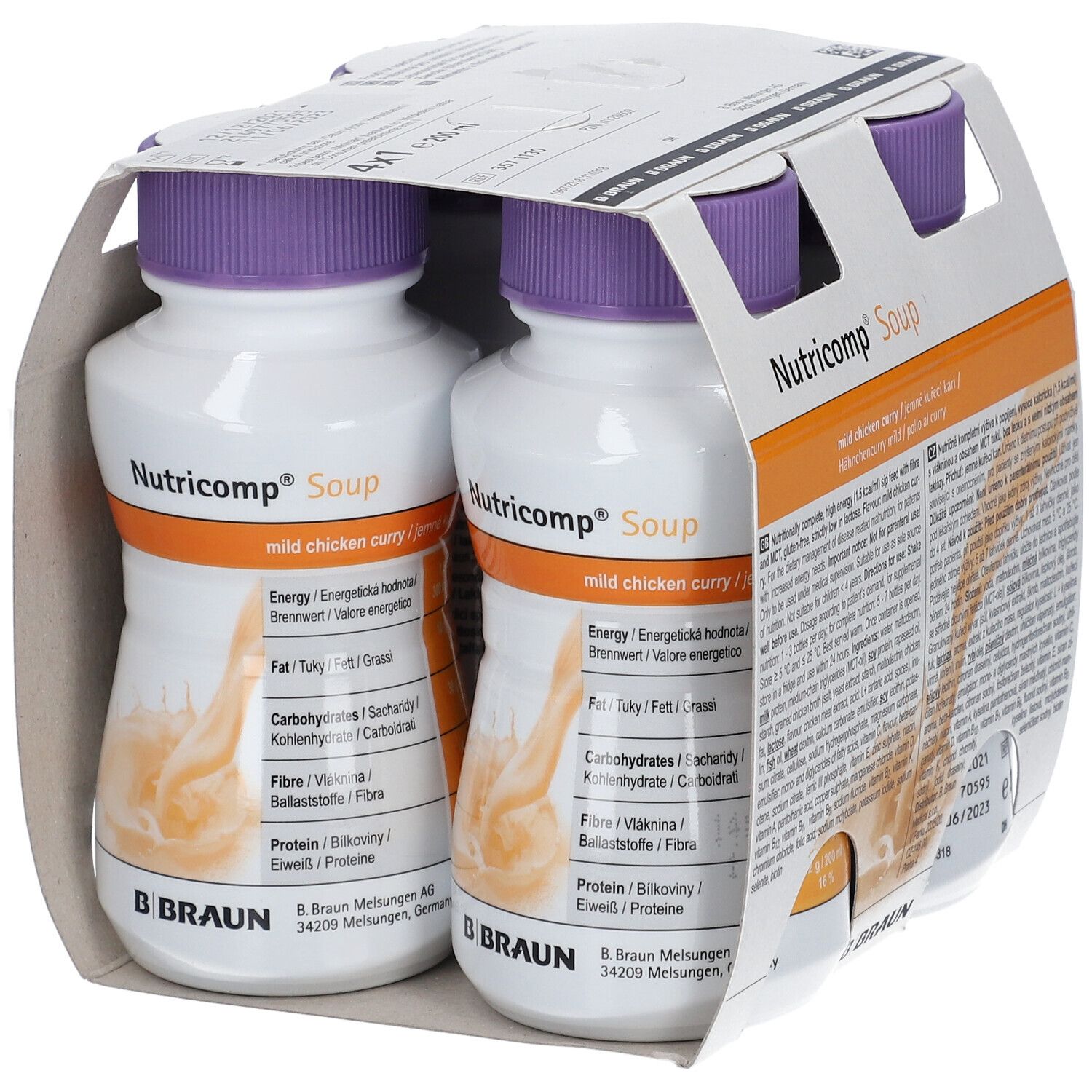 Zwei Flaschen Nutricomp Soup, mildes Hühnchen-Curry, in Kartonverpackung. Flaschen mit lila Deckel.