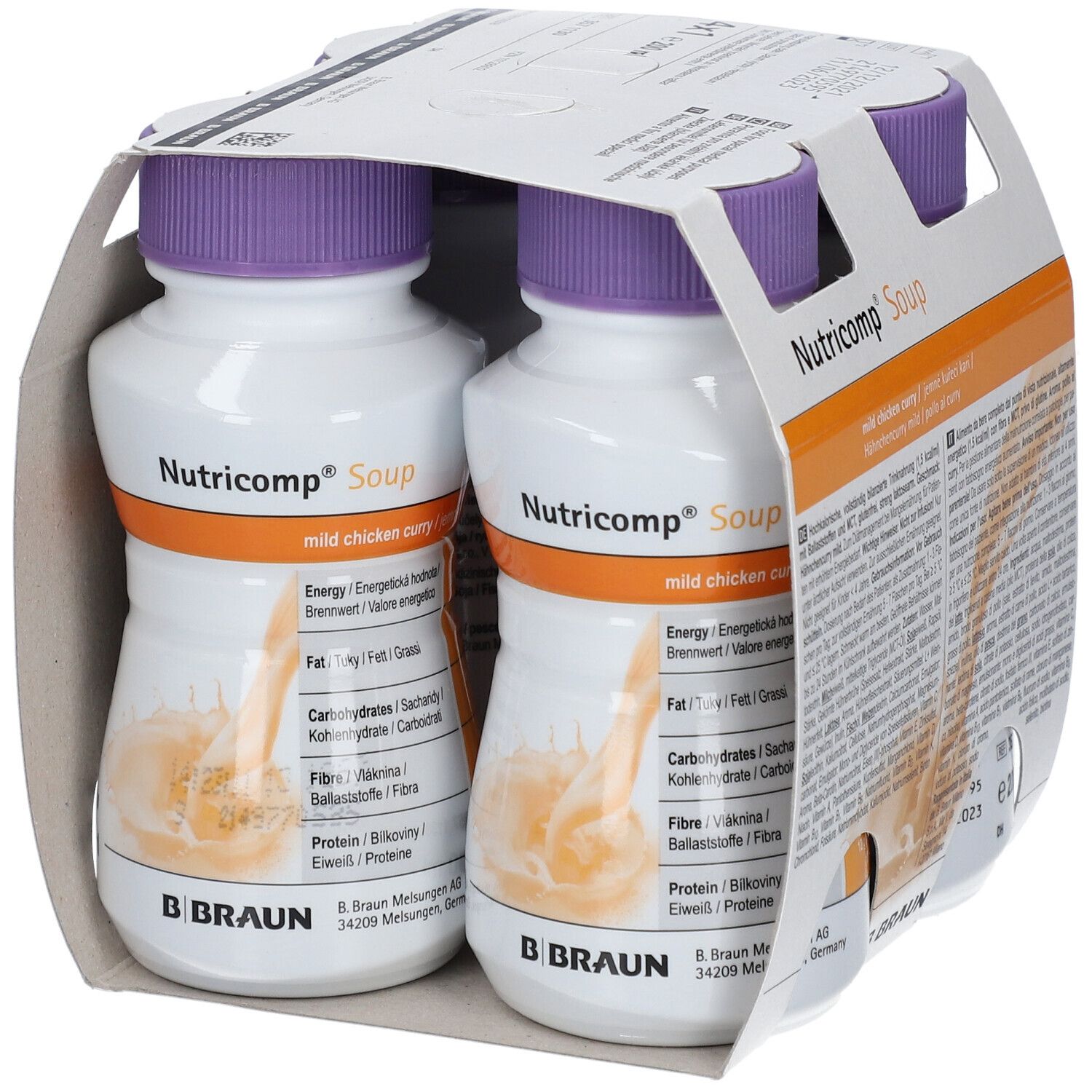 Zwei Flaschen Nutricomp Soup, mildes Hühnchen-Curry, in Kartonverpackung. Flaschen mit lila Deckel.