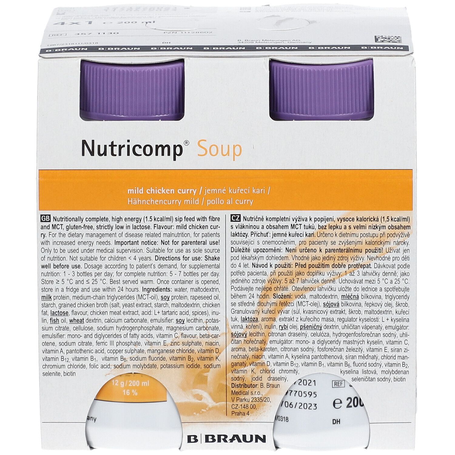 Verpackung mit vier Flaschen Nutricomp Soup, mildes Hühnchen-Curry. Flaschen mit lila Deckel, in Kartonverpackung.