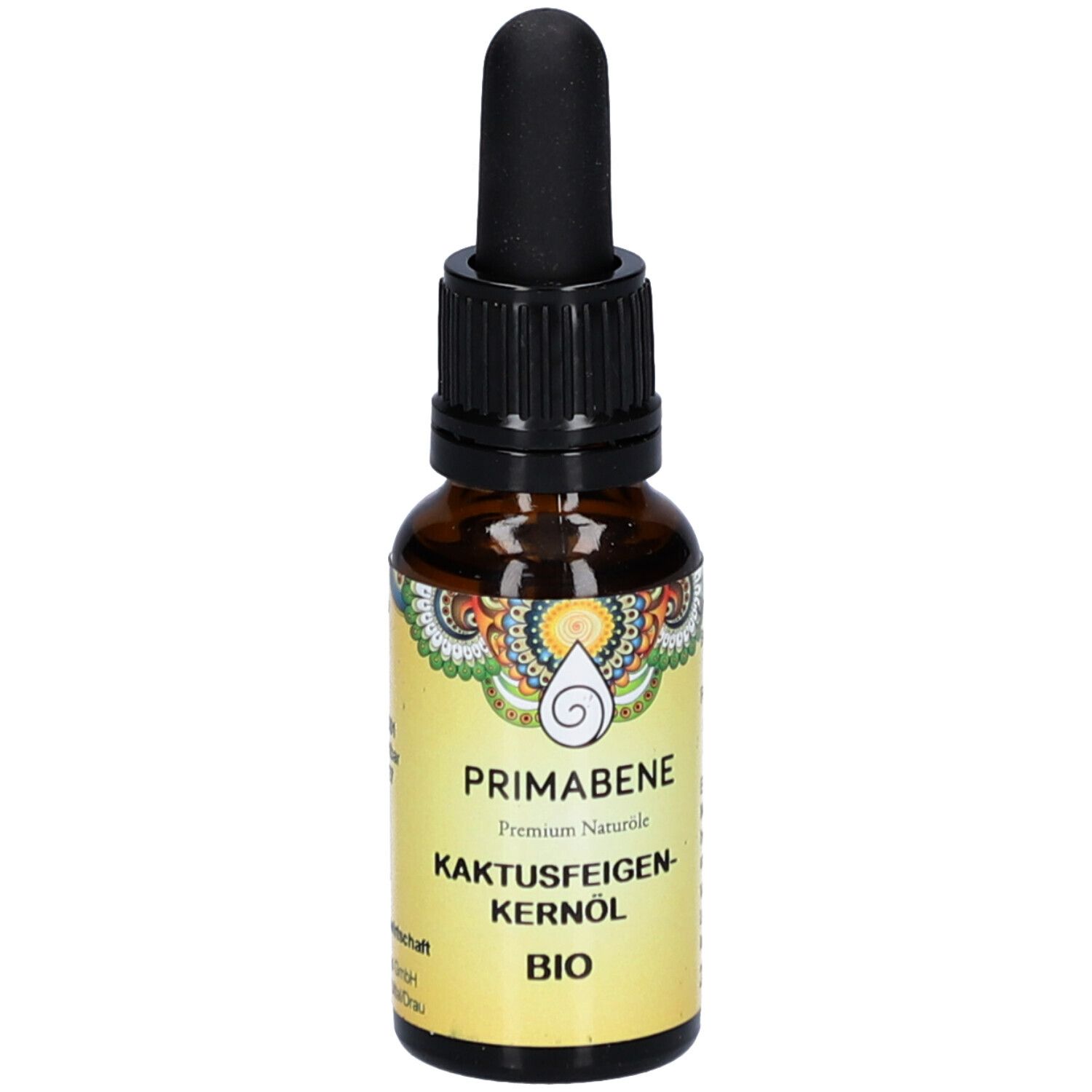 Braune Glasflasche mit Pipette. Aufschrift: PRIMABENE KAKTUSFEIGENKERNÖL BIO.