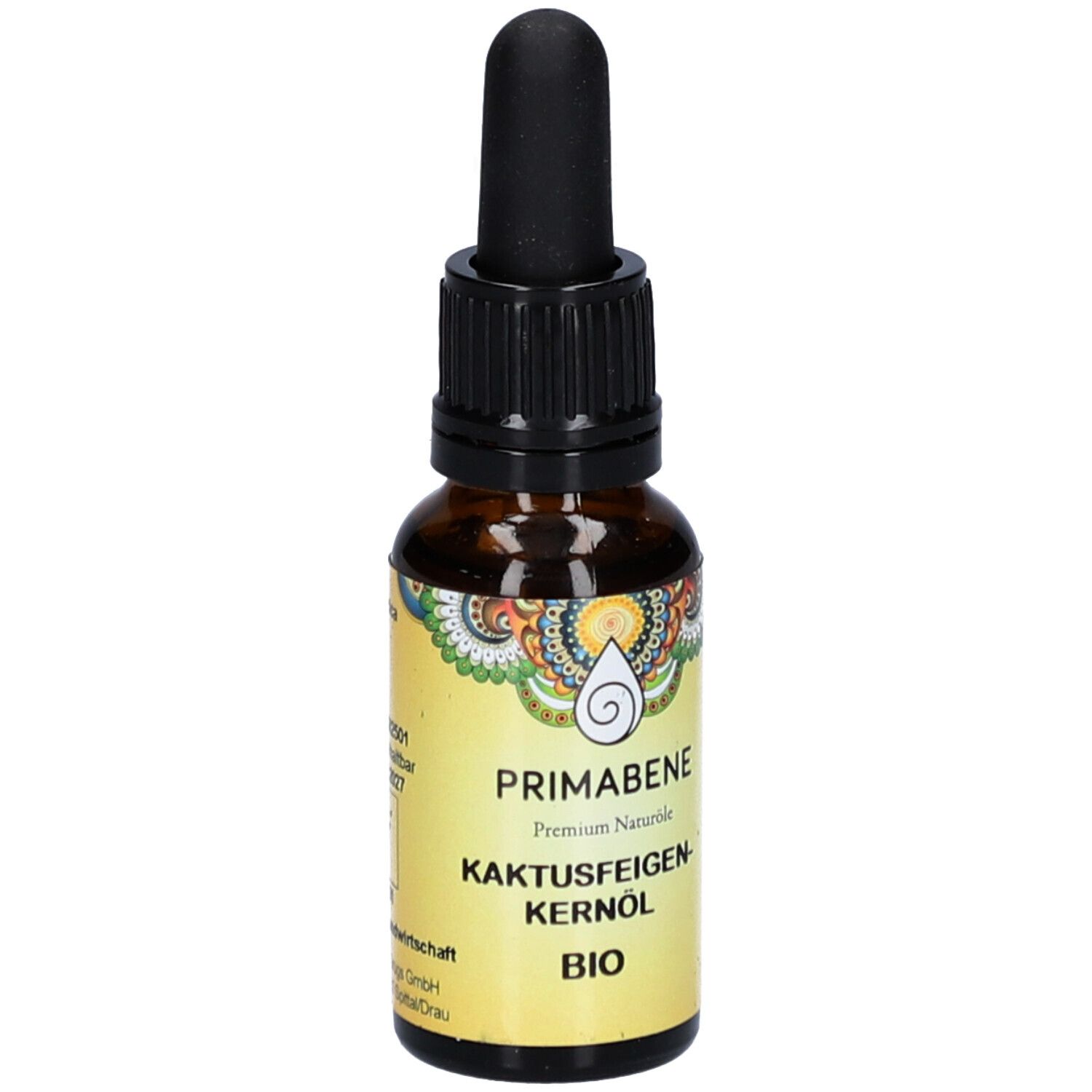 Braune Glasflasche mit Pipette. Aufschrift: PRIMABENE KAKTUSFEIGENKERNÖL BIO.