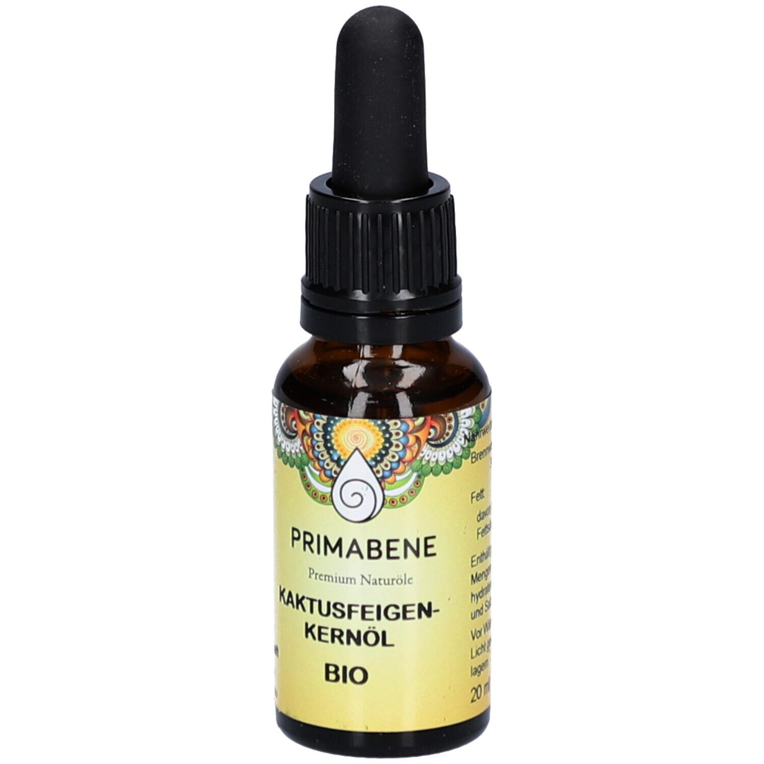 Braune Glasflasche mit Pipette. Aufschrift: PRIMABENE KAKTUSFEIGENKERNÖL BIO. Detailinformationen.