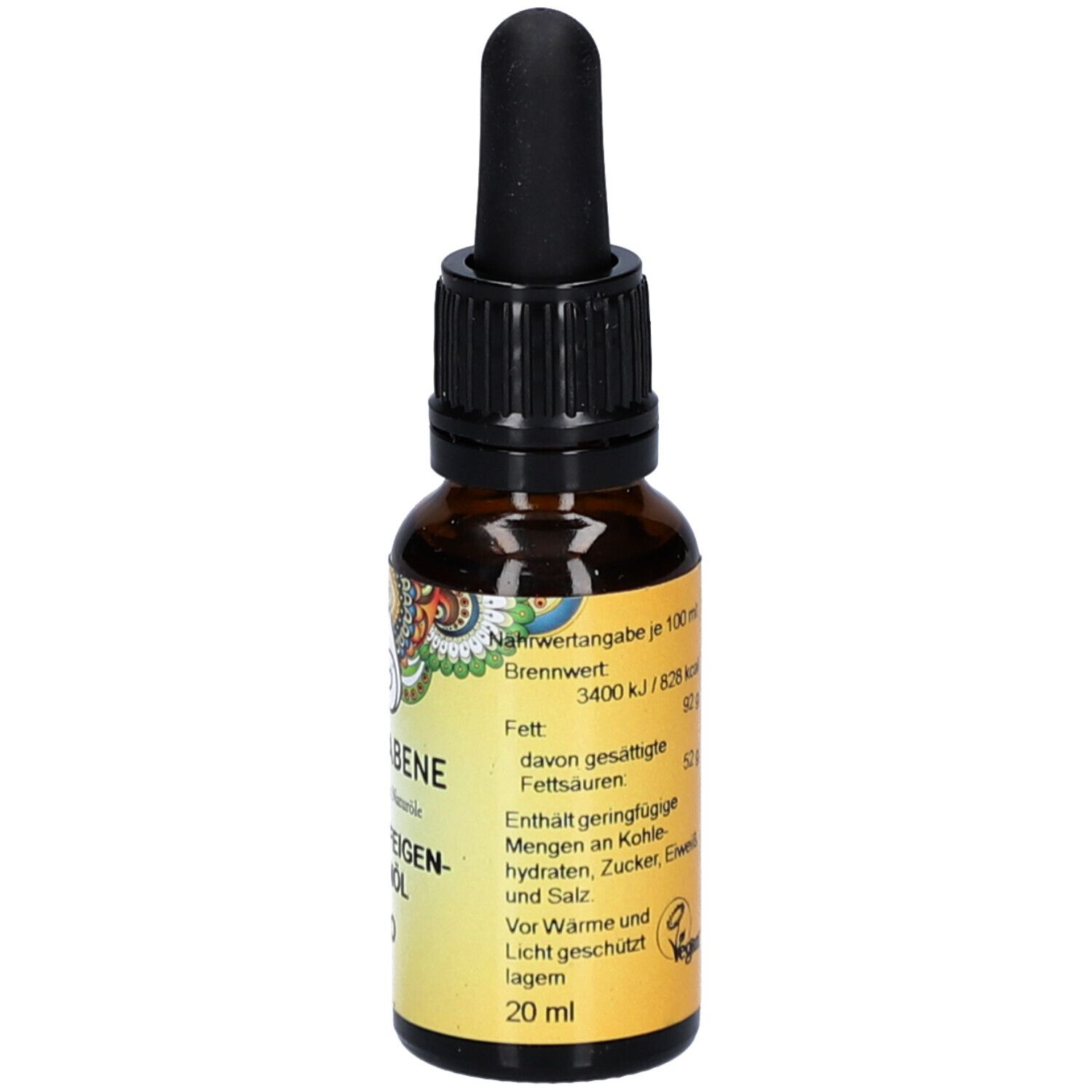 Braune Glasflasche mit Pipette. Aufschrift: PRIMABENE KAKTUSFEIGENKERNÖL BIO. 20 ml.