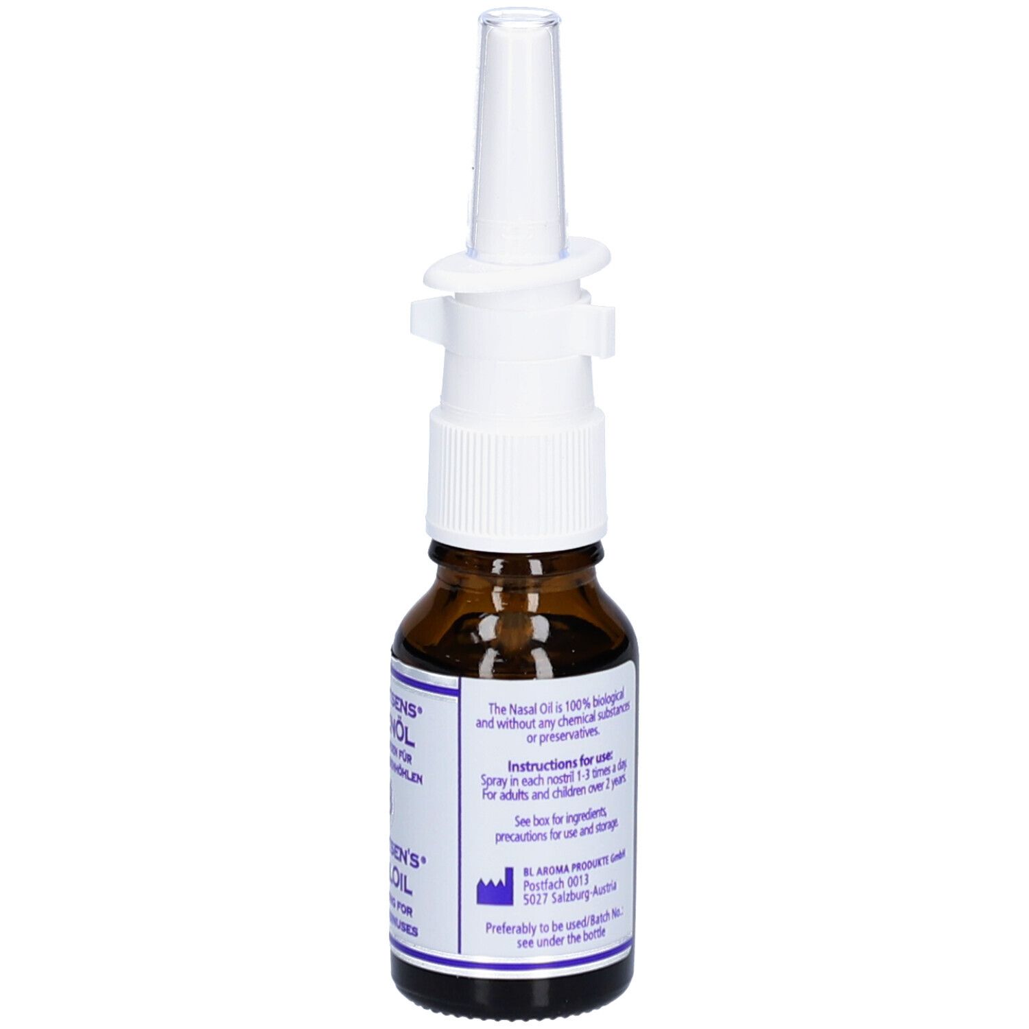 Braune Glasflasche mit weißem Sprühkopf. Rückseite mit Text.