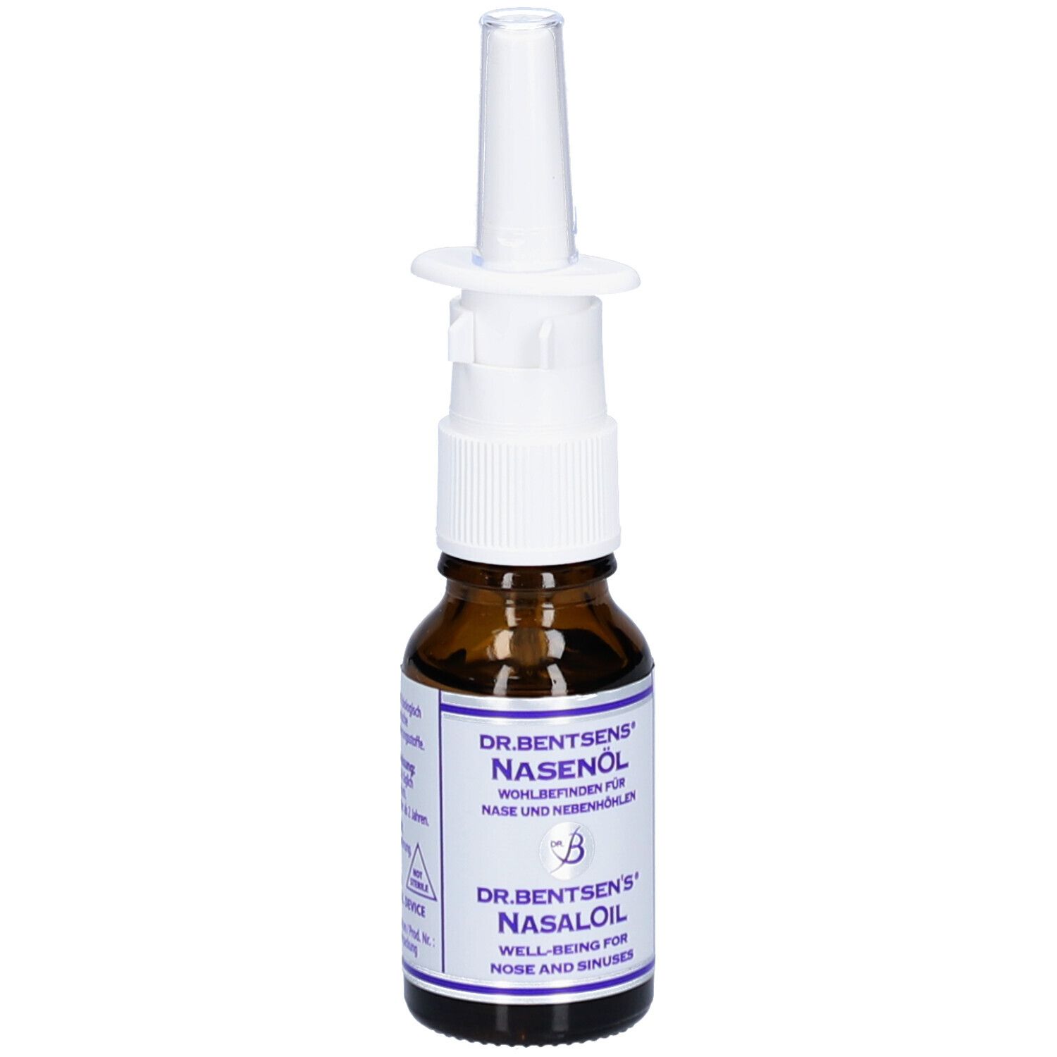 Braune Glasflasche mit weißem Sprühkopf. Beschriftung: Dr. Bentsens Nasenöl, Nasal Oil.