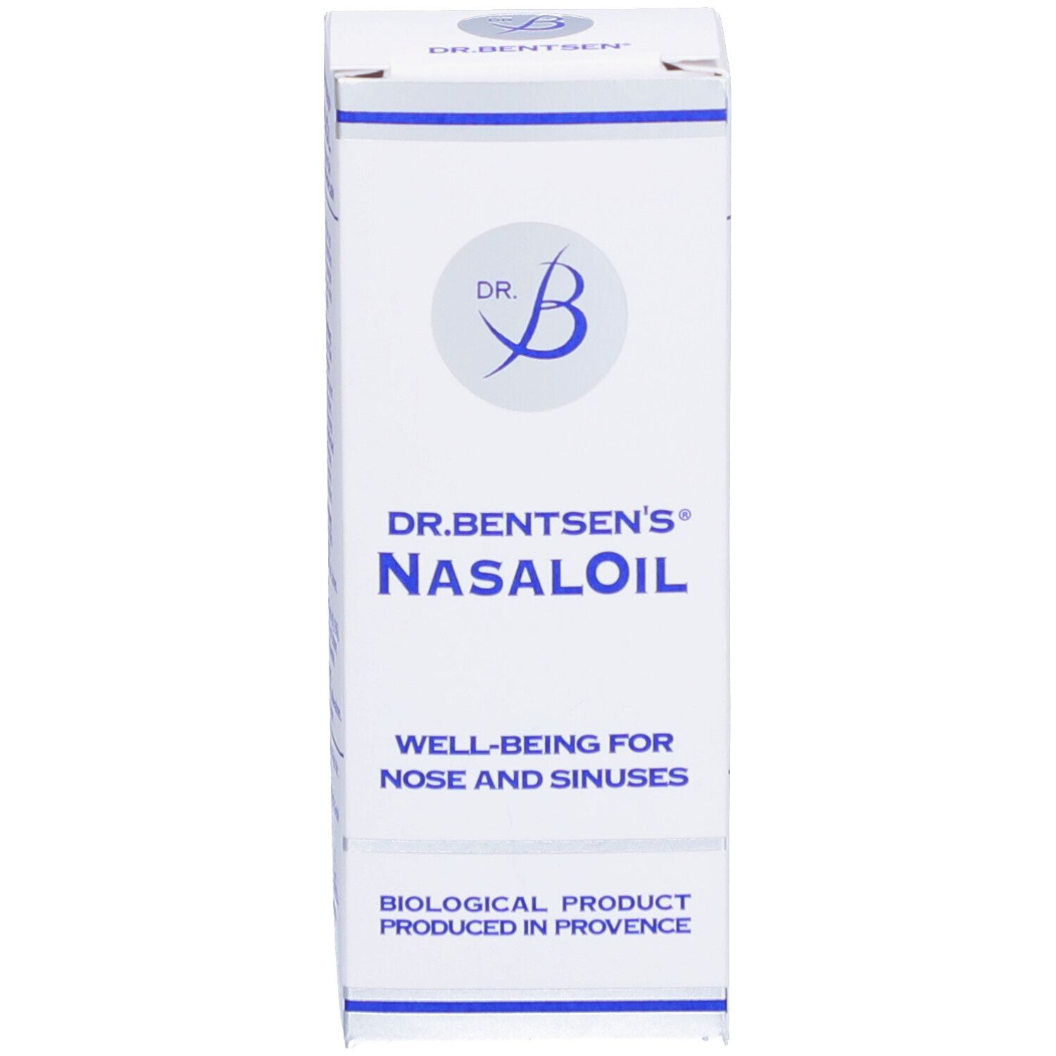 Weiße Schachtel mit blauer Schrift. Beschriftung: Dr. Bentsens Nasal Oil.