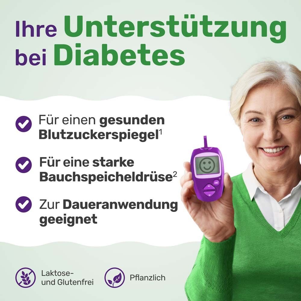 Frau mit Messgerät. Text: Ihre Unterstützung bei Diabetes. Für gesunden Blutzuckerspiegel, starke Bauchspeicheldrüse.