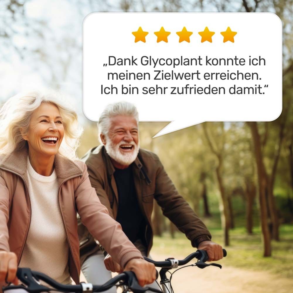 Zwei ältere Menschen auf Fahrrädern. Text: Dank Glycoplant konnte ich meinen Zielwert erreichen. Ich bin sehr zufrieden damit.