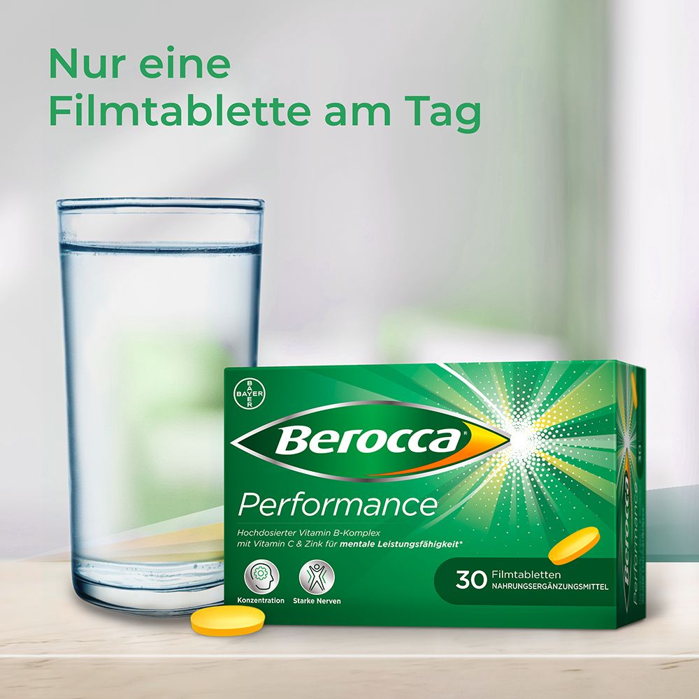 Berocca® Performance Filmtabletten mit hochdosiertem Vitamin B-Komplex, Vitamin C und Zink für mentale und körperliche Leistungsfähigkeit, Konzentration und starke Nerven bei Stress