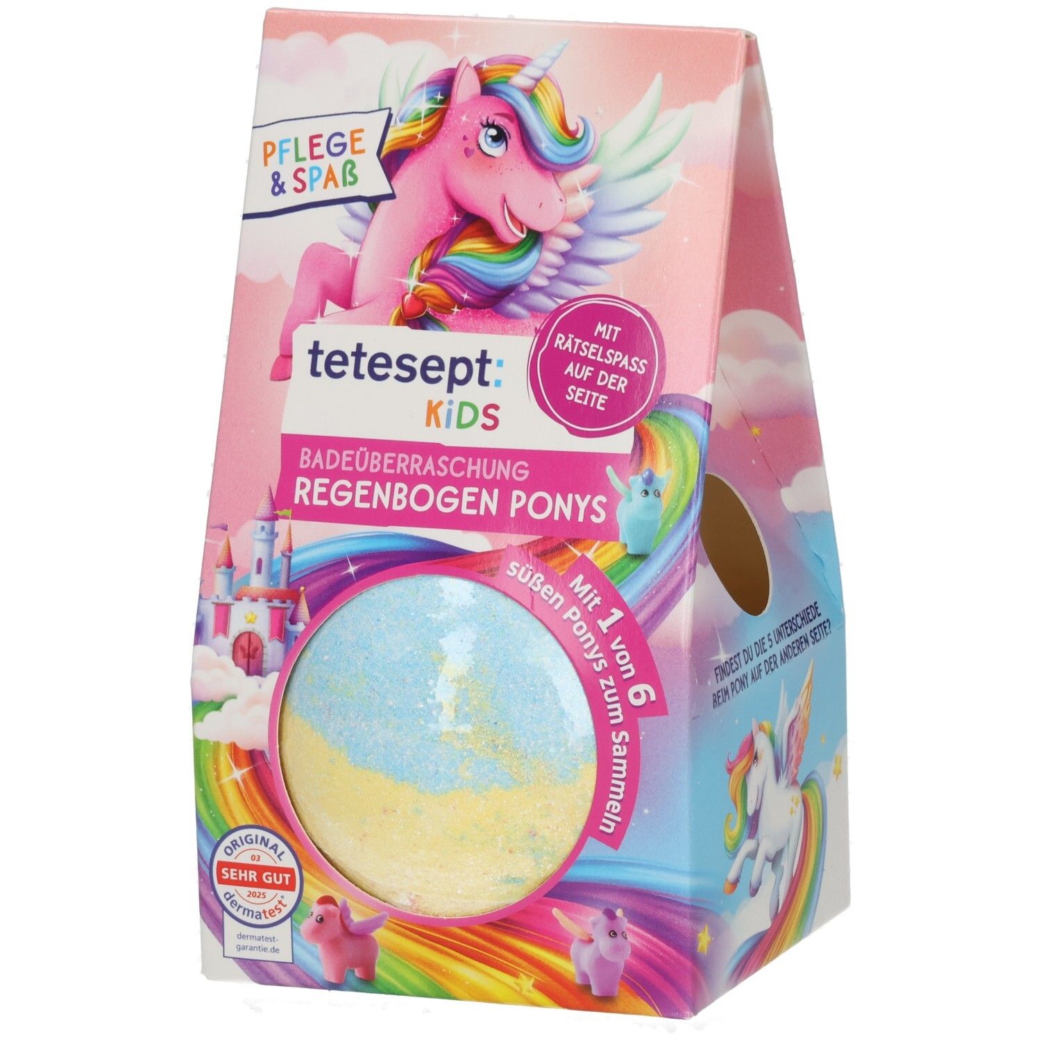 Verpackung mit Badeüberraschung. Enthält eine Badebombe und ein Pony. Rosa, blau und gelb. Mit tetesept Kids Logo.