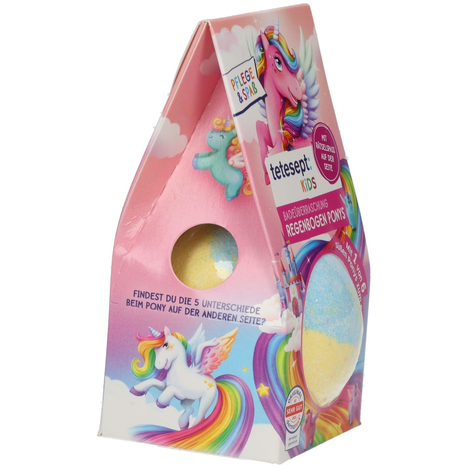 Verpackung mit Badeüberraschung. Zeigt eine Badebombe und ein Pony. Rosa, blau und gelb. Mit tetesept Kids Logo.