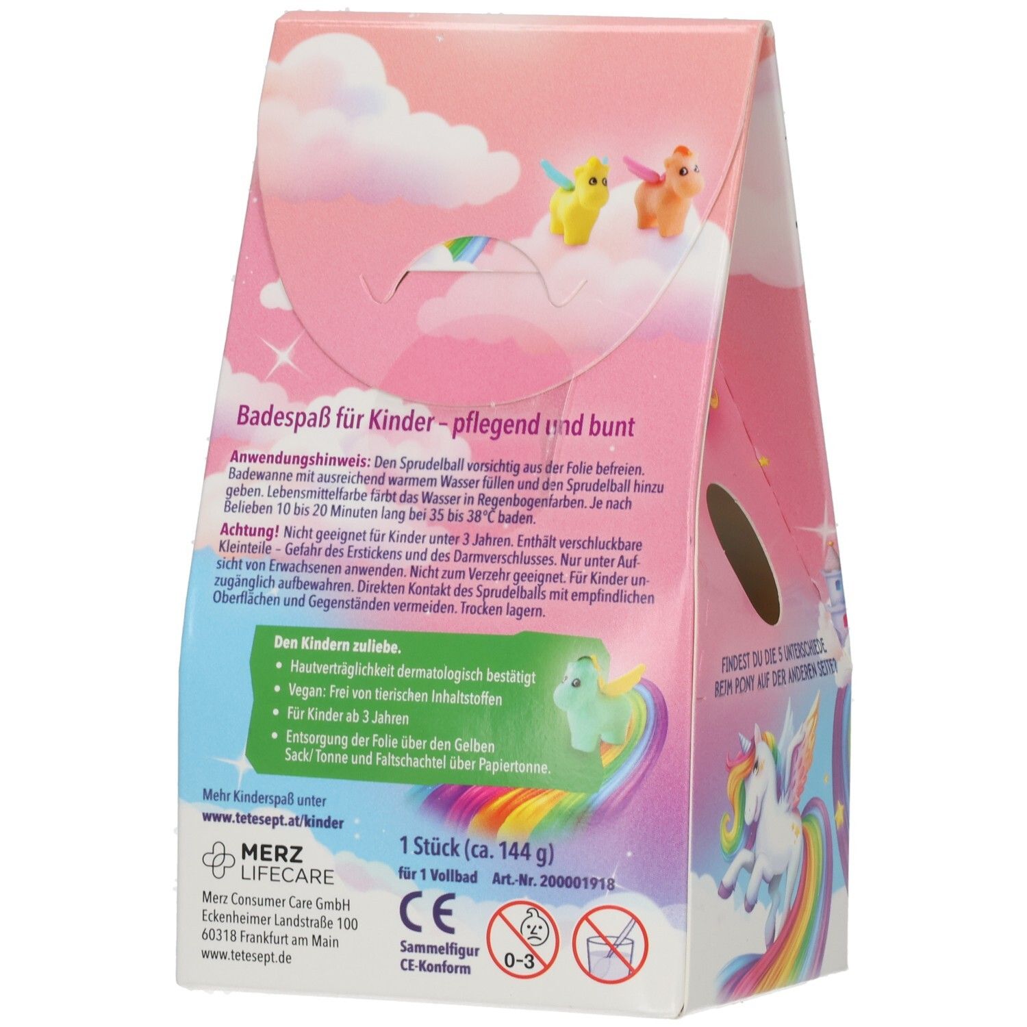 Rückseite der Verpackung mit Text. Enthält Informationen über die Badeüberraschung. Mit CE-Kennzeichnung und Altersangabe.