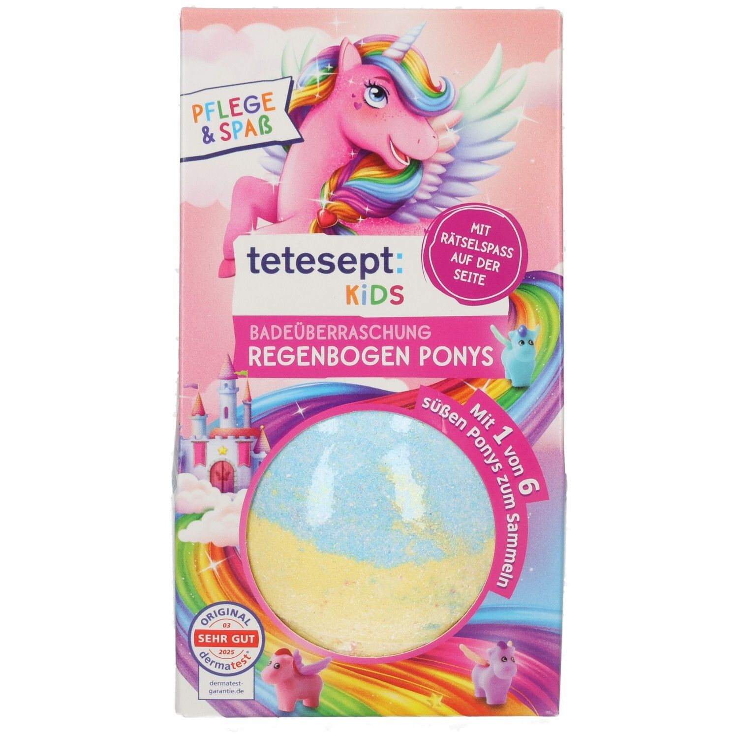 Verpackung mit Badeüberraschung. Enthält eine Badebombe und ein Pony. Rosa, blau und gelb. Mit tetesept Kids Logo.